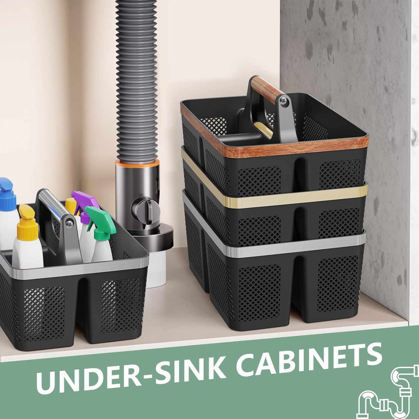 Black Shower Caddy Portable: Plastic Bathroom Caddy Organizer with Handle and Holes, Cleaning Caddy, Hard Shower Basket Storage Tote for Toiletry, College Dorm Room Essentials for Men