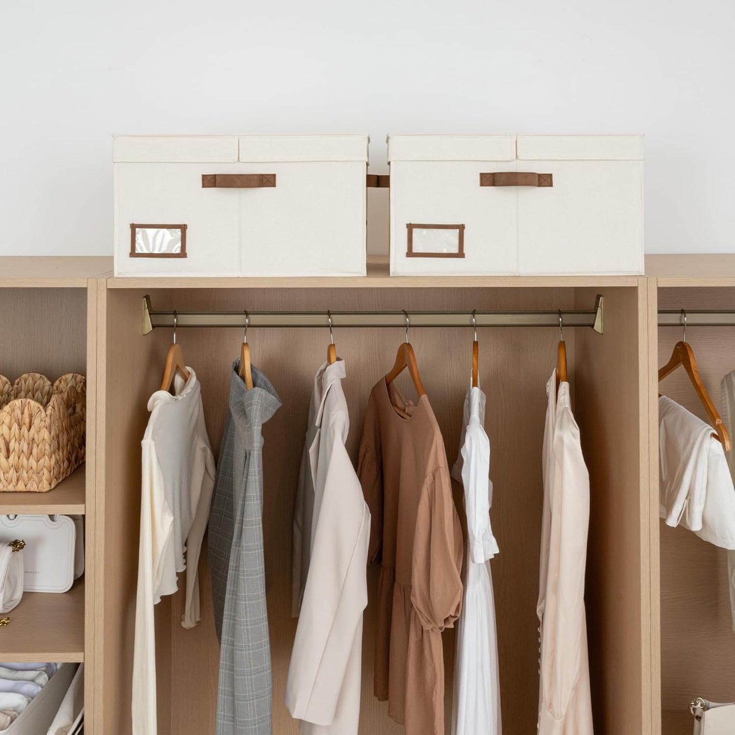 StorageWorks Large Clothes Storage Bins, Fabric Boxes with Divider Board, Baskets for Clothes, Linen Closet Organizers with Lid, Ivory White, 2-Pack