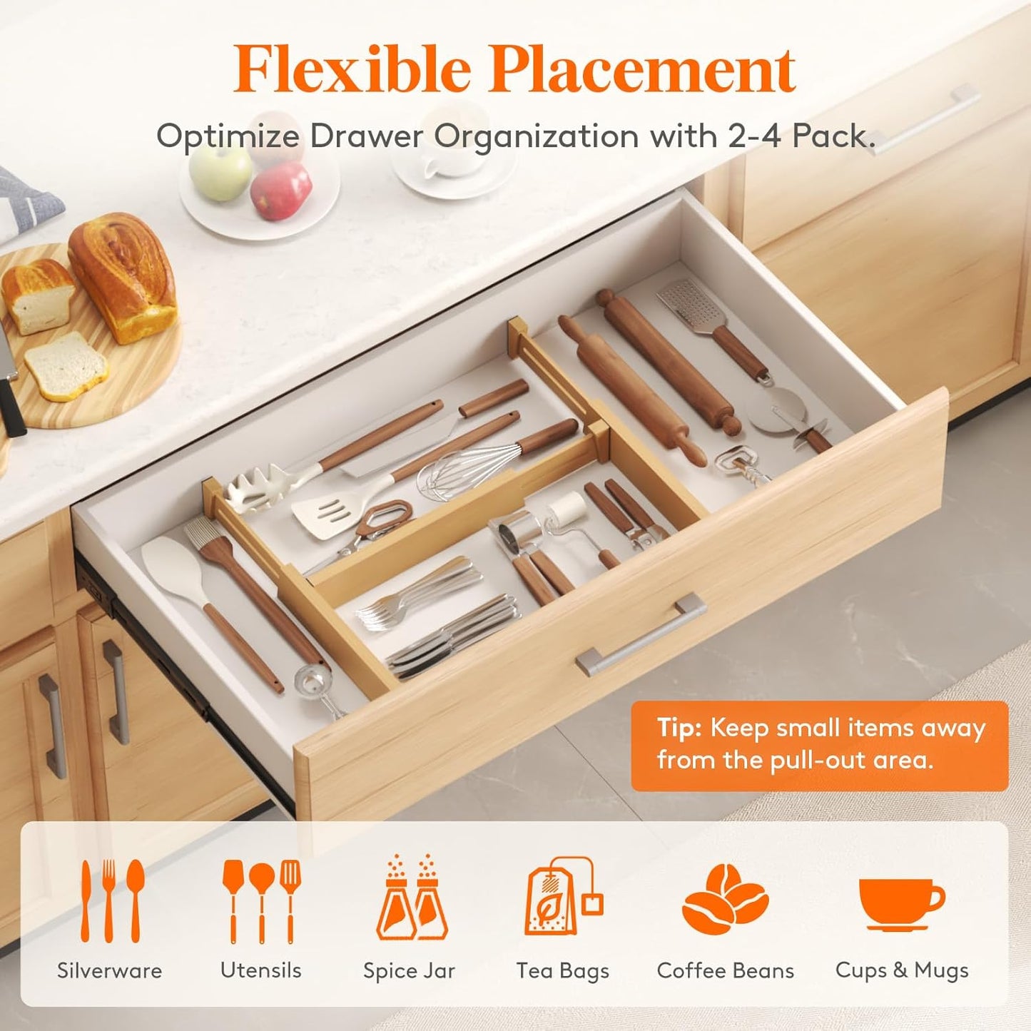 Lifewit 8 Pack Bamboo Drawer Dividers 2.4" High, 13-16.5" Kitchen Drawer Organizers, Adjustable Wooden Drawer Dividers for Clothes, Expandable Drawer Separators for Dresser, Bedroom, Bathroom, Cabinet