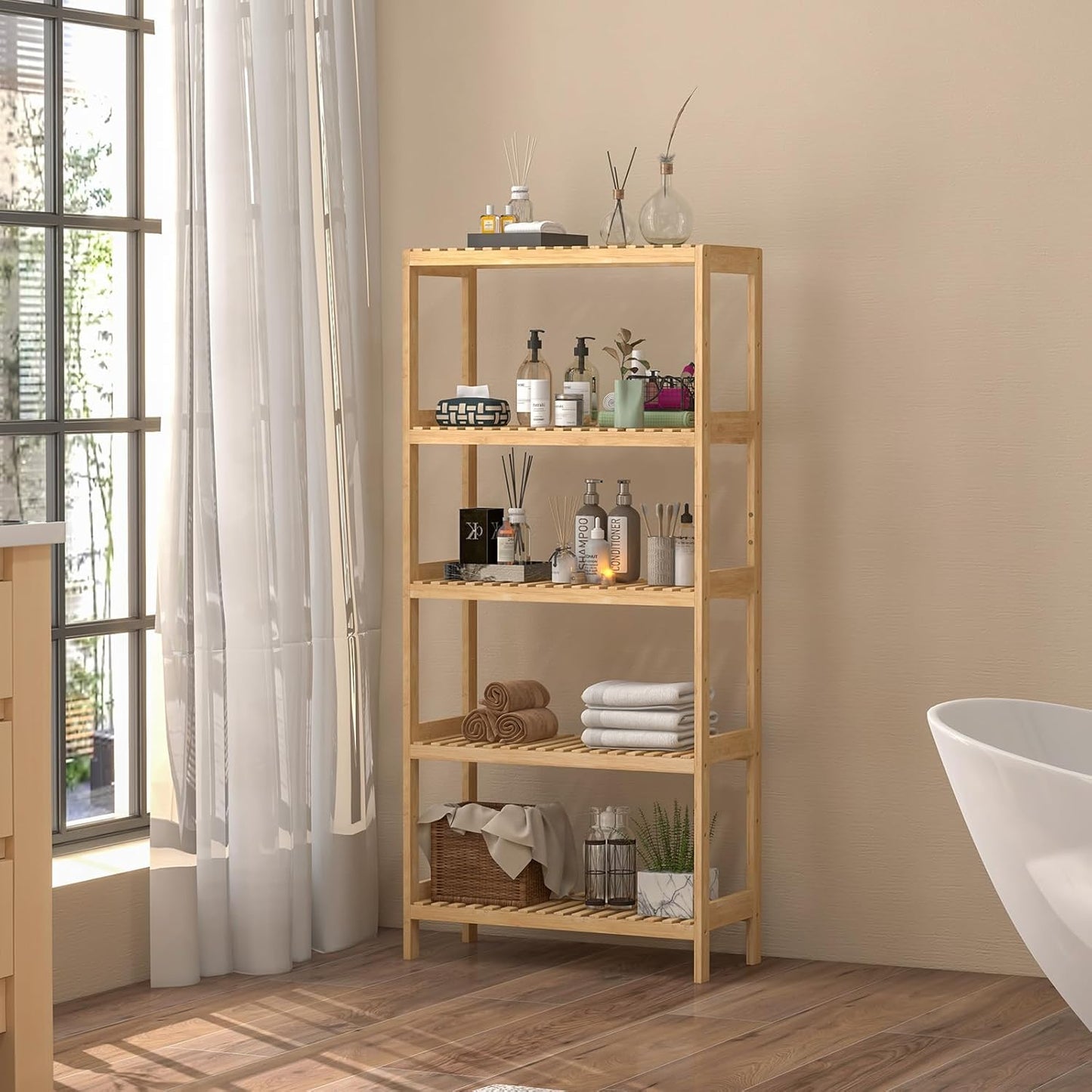 Bamboo Shelf,Bamboo Shelf Stand Utility Storage Shelf Multifunctional Bathroom Kitchen Living Room Holder Plant Flower Stand (5-Tier)