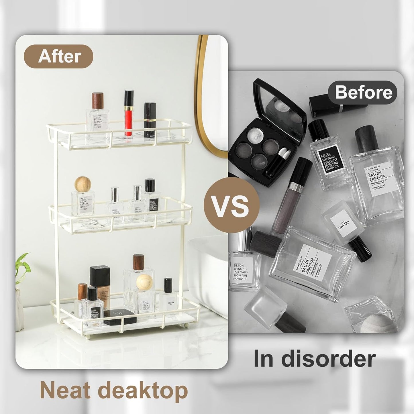 Bathroom Organizer Countertop Perfume Organizer Makeup Organizer Cosmetics Storage Display Rack Vanity Tray Dresser Stainless Steel Gold Shelf White Marble Ceramic Tray