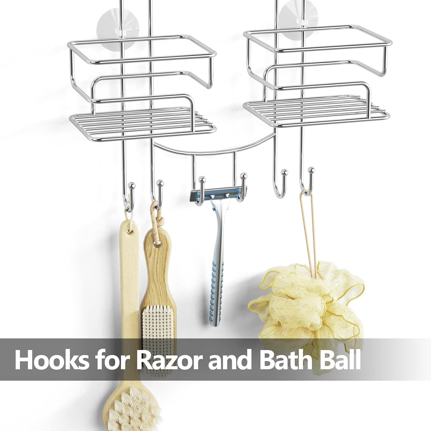 SRIWATANA Shower Caddy Organizer Hanging Over Head, Bathroom Shower Rack Hanger with Hooks for Razors - Chrome