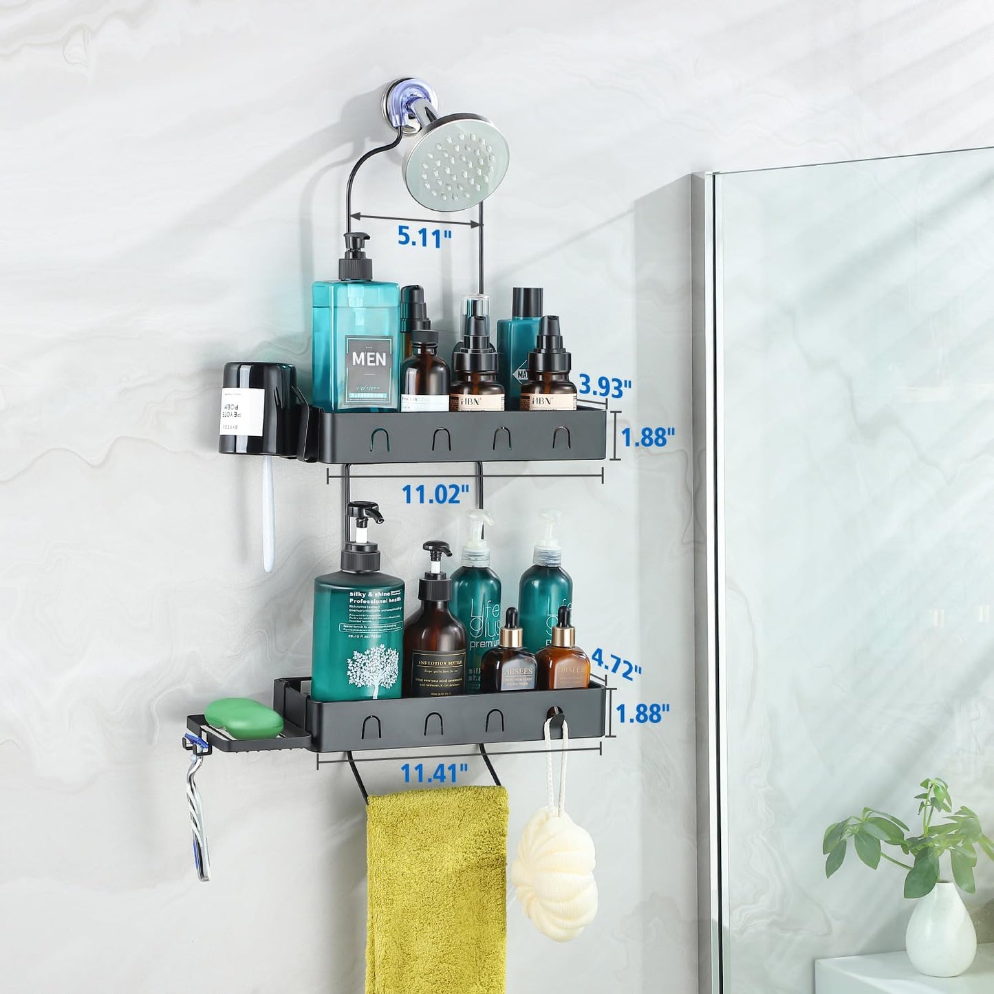Bathroom Shower Caddy Hanging - Shower Organizer Hanging, Shower Caddy over Shower Head, Black Waterproof
