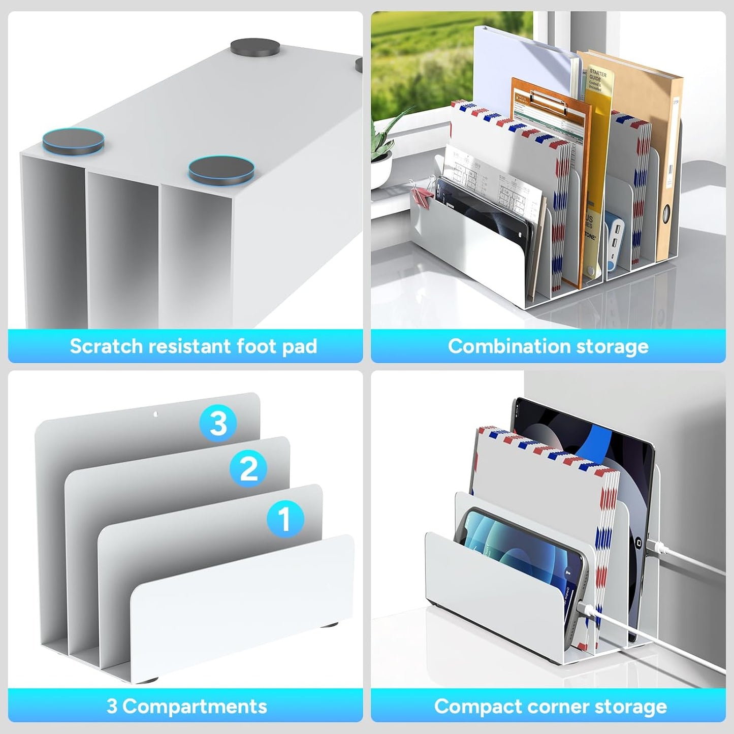 Mail Organizer Countertop, Small Desk File Organizer, Metal File Holder - Essential Workspace Organizers for Office Desk, Home Office (White)