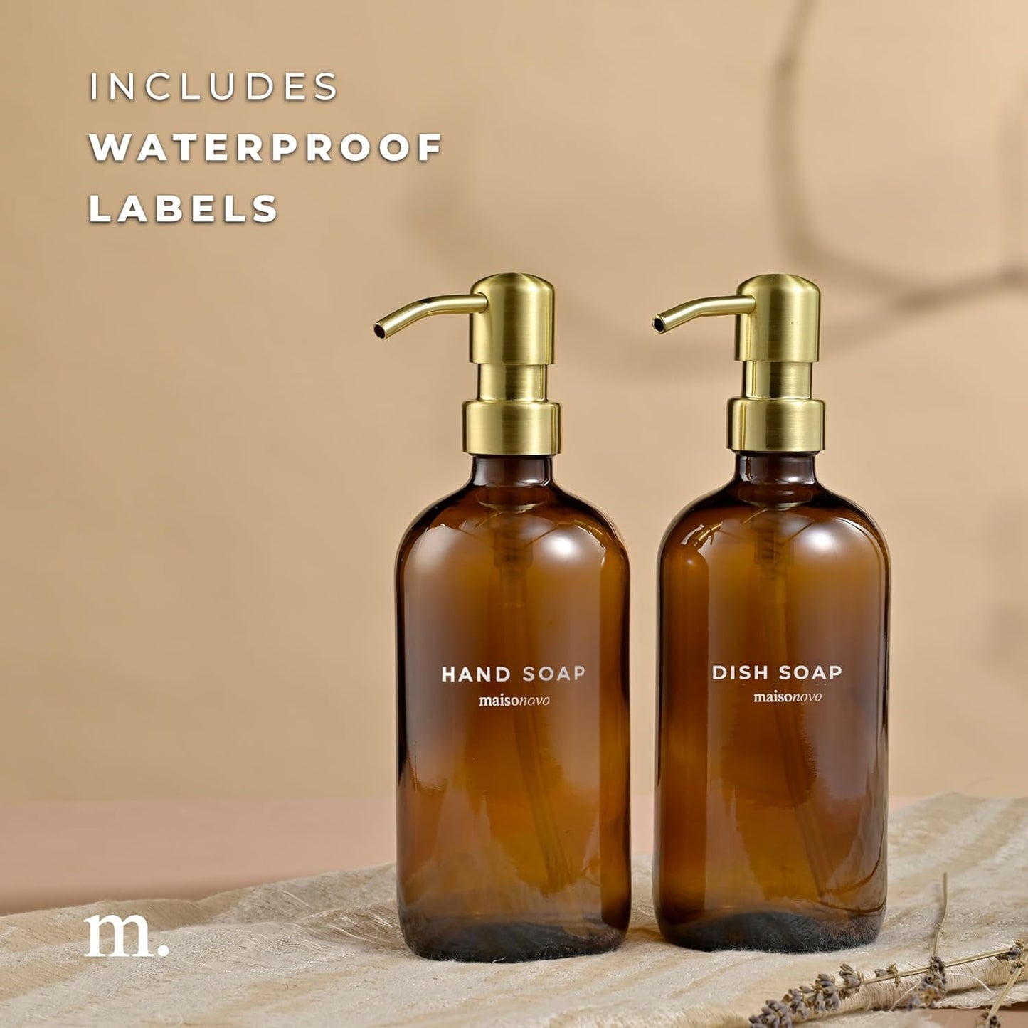 MaisoNovo Soap Dispenser 2-Piece Set | 16.9oz Amber Bottles with Gold Stainless Steel Pumps