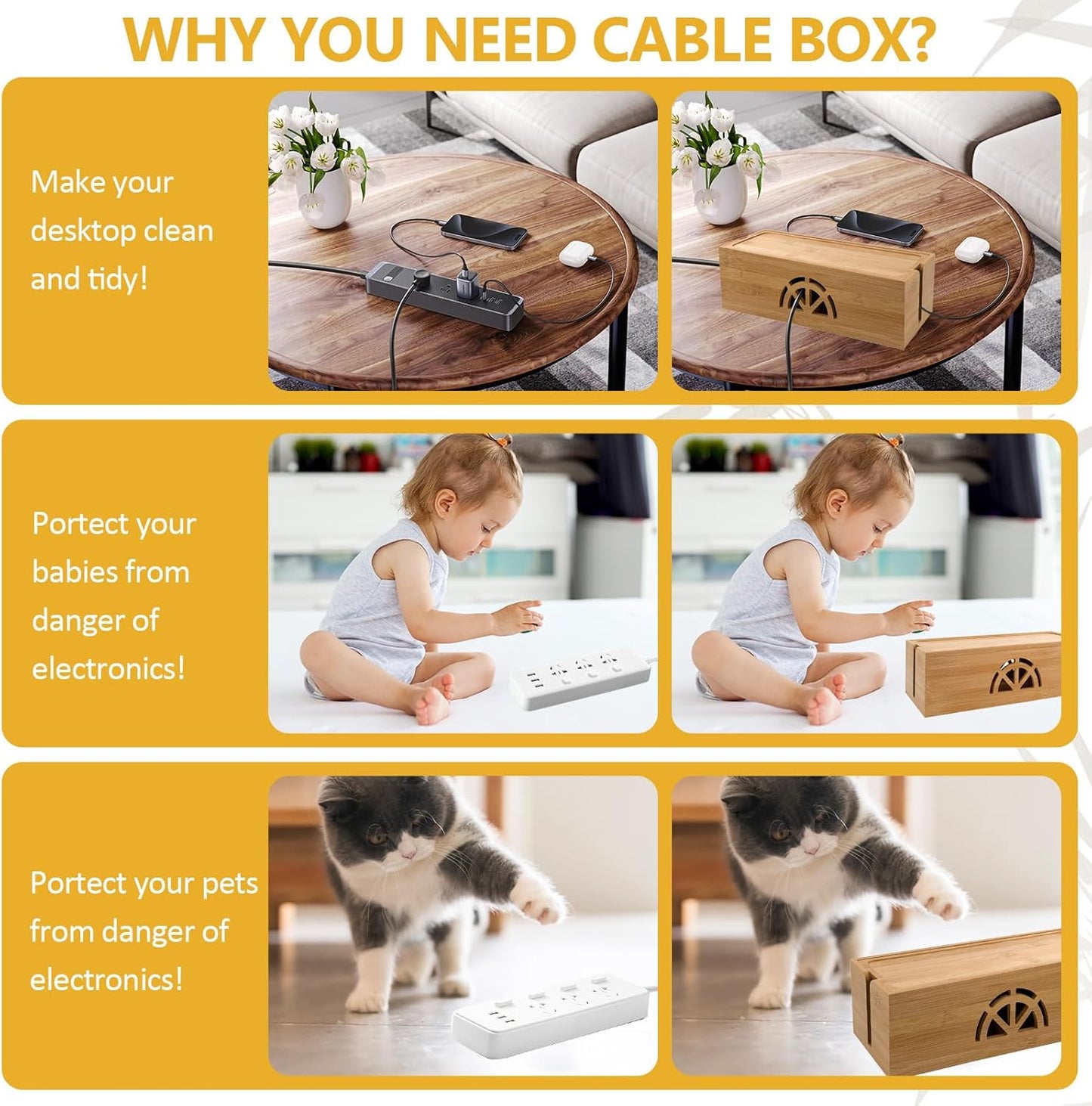 Bamboo Cable Management Box,Extra Large Cord Organizer Box,Power Strips Hider,Plug Strip Cord Box,Outlet Holder,Cords Concealer,Wires Covers,Desk & Floor Tidy Solution (Straight lid)