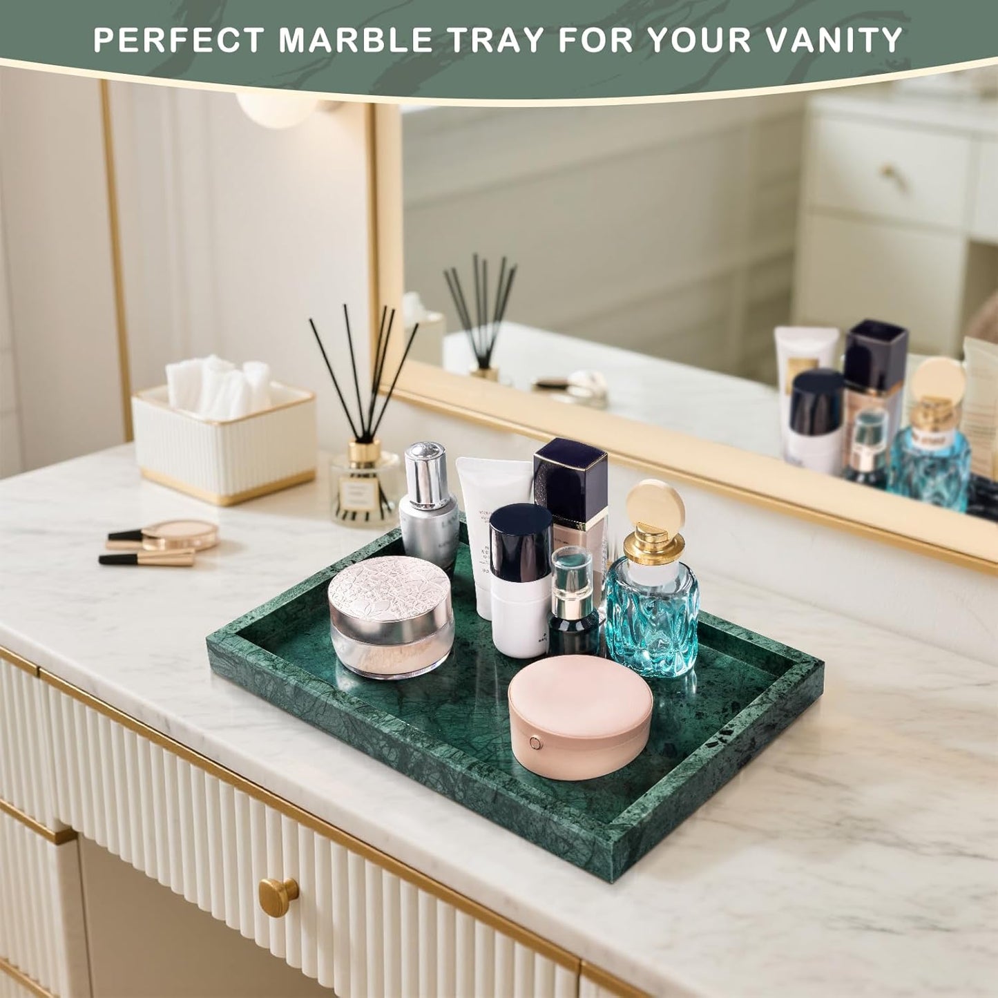 Marble Bathroom Tray for Countertop & Home Decor, Natural Decorative Marble Tray for Jewelry & Perfume Organizer, Luxury Stone Vanity Trays for Dresser, Kitchen Counter, 12" x 8", Green