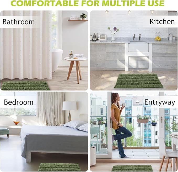 KGORGE Bath Mat for Bathroom Soft Non-Slip Rugs 60" x 24" Cozy Shaggy Durable Thick Chenille Rugs Water Absorbent Quick Drying Shower Carpet for Toilet, Sage Green, 1 Pc