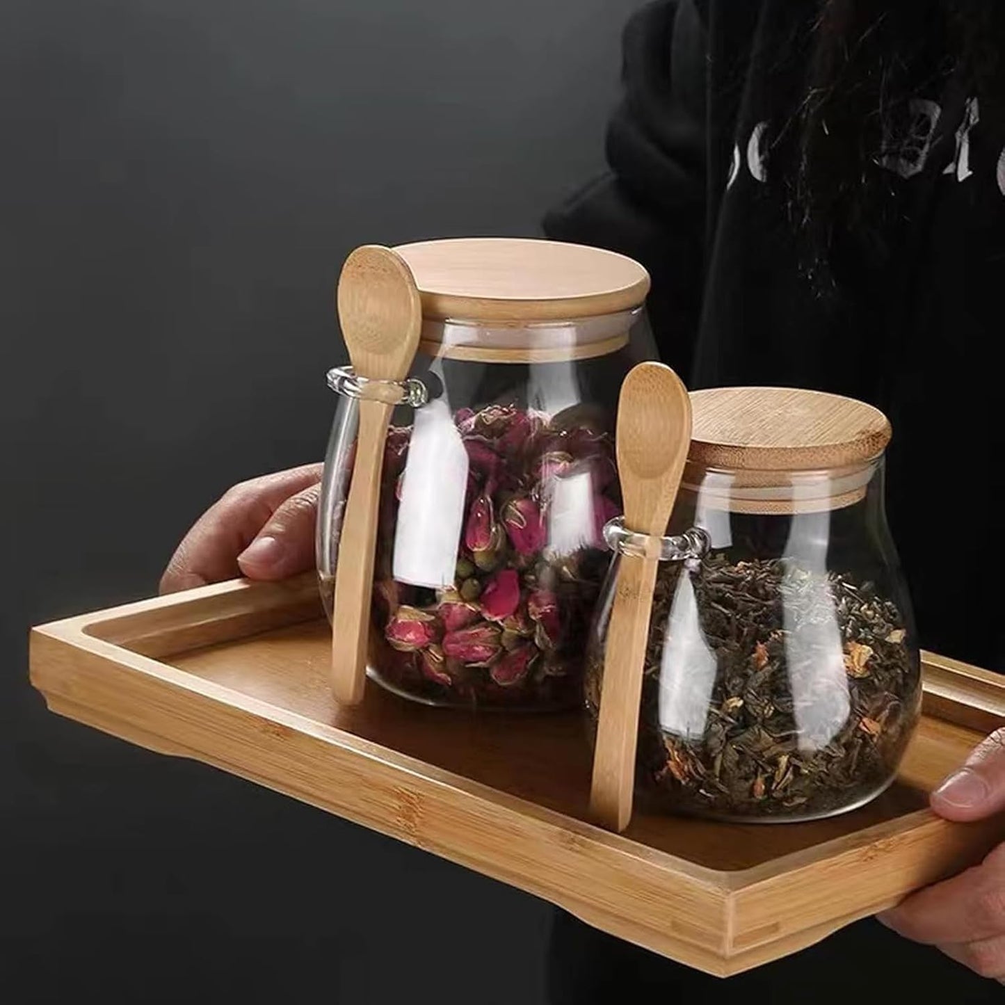 Airtight glass jar storage container with bamboo lid Set of 4, wide mouth, leak-proof, With a spoon, can be used for coffee beans, tea leaves, grains, dried fruits, etc (Small*4pcs)
