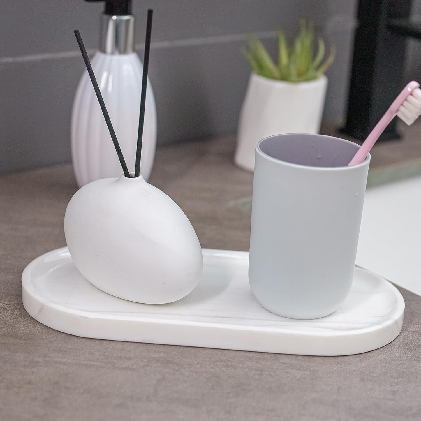 Marble Tray 9.8”x4.7”x0.6”| Oval Stone Tray for Kitchen Counter, Bathroom Vanity & Jewelry Organization – Natural Durable Marble Design (Star White)