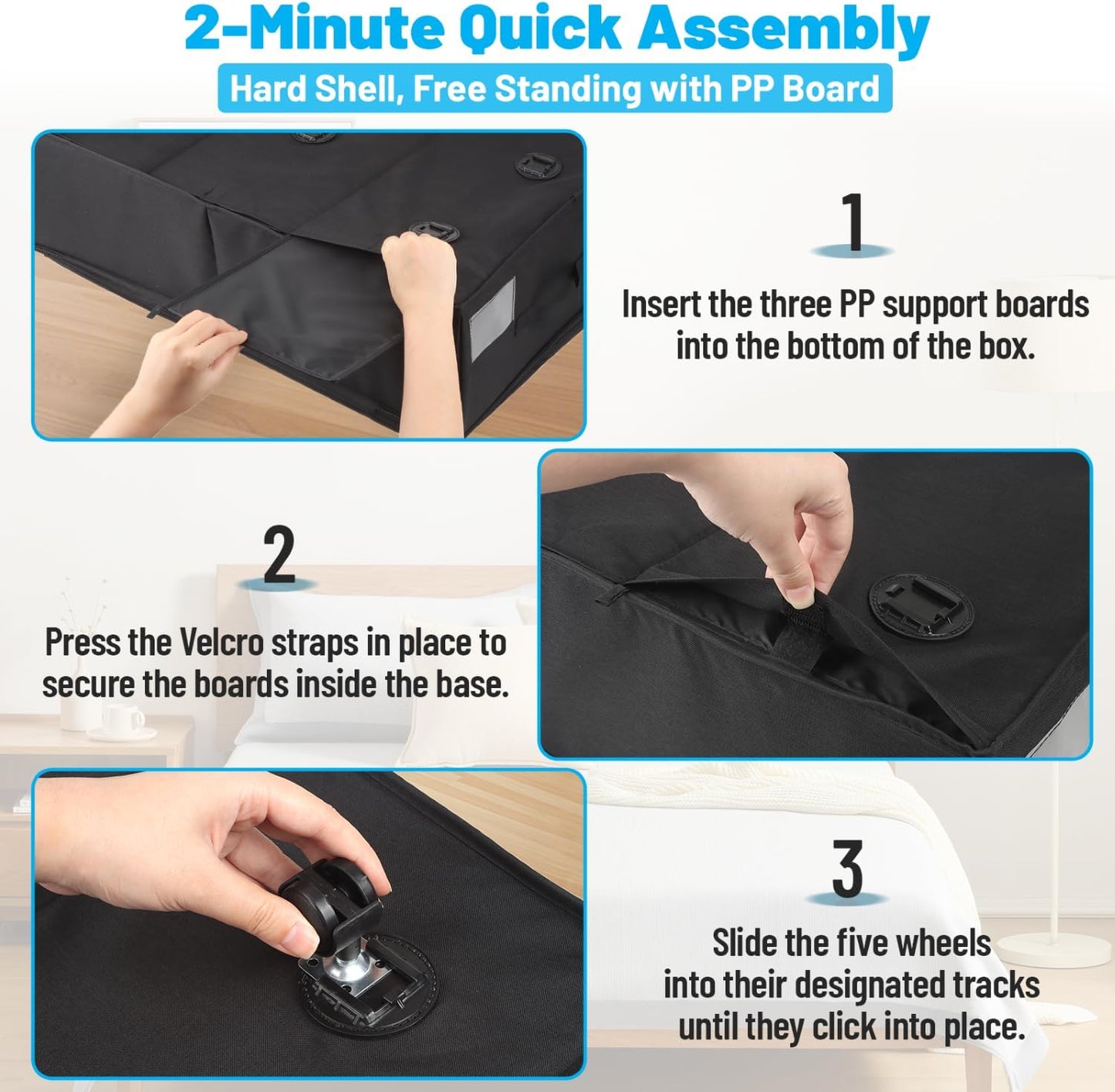 2 Pack Under Bed Storage with Wheels 10" Height, Rolling Storage Bins XXL 60L, Underbed Shoe Storage Containers with Label & Clear Lid, Dorm Under bed Drawers for Clothes, Shoes, Quick Assembly, Black