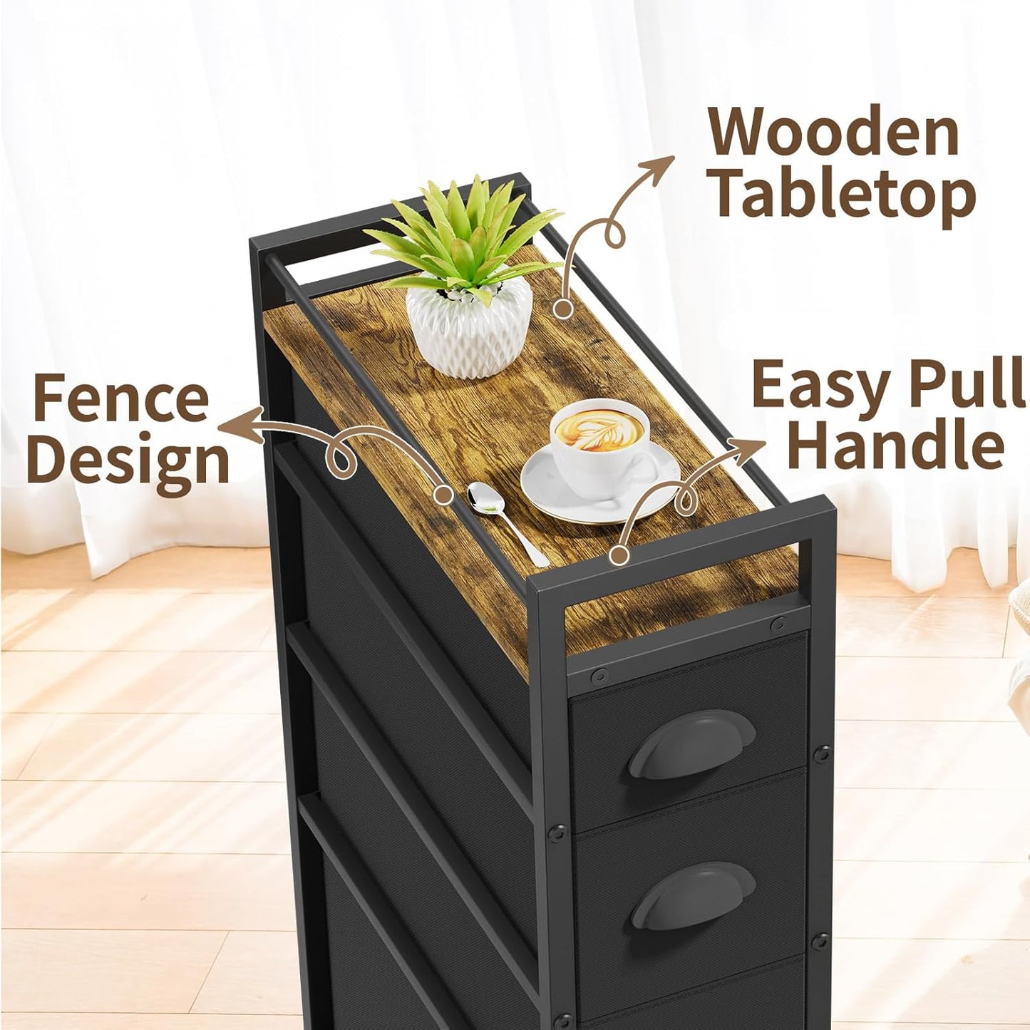 LASZOLA 4 Drawer Narrow Dresser Slim Cabinet Skinny Storage Tower Chest, Ideal for Small Spaces Bathroom Bedroom, Between Washer and Dryer, Lightweight Mobile on Wheels, Sturdy Fabric Drawers, Black