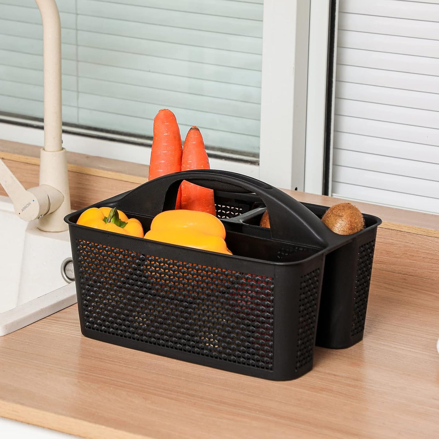 UUJOLY Plastic Portable Shower Caddy Basket Bucket, Cleaning Shower Basket with Handle Compartments Storage Basket Organizer for Bathroom Kitchen College Dorm Sink, Black