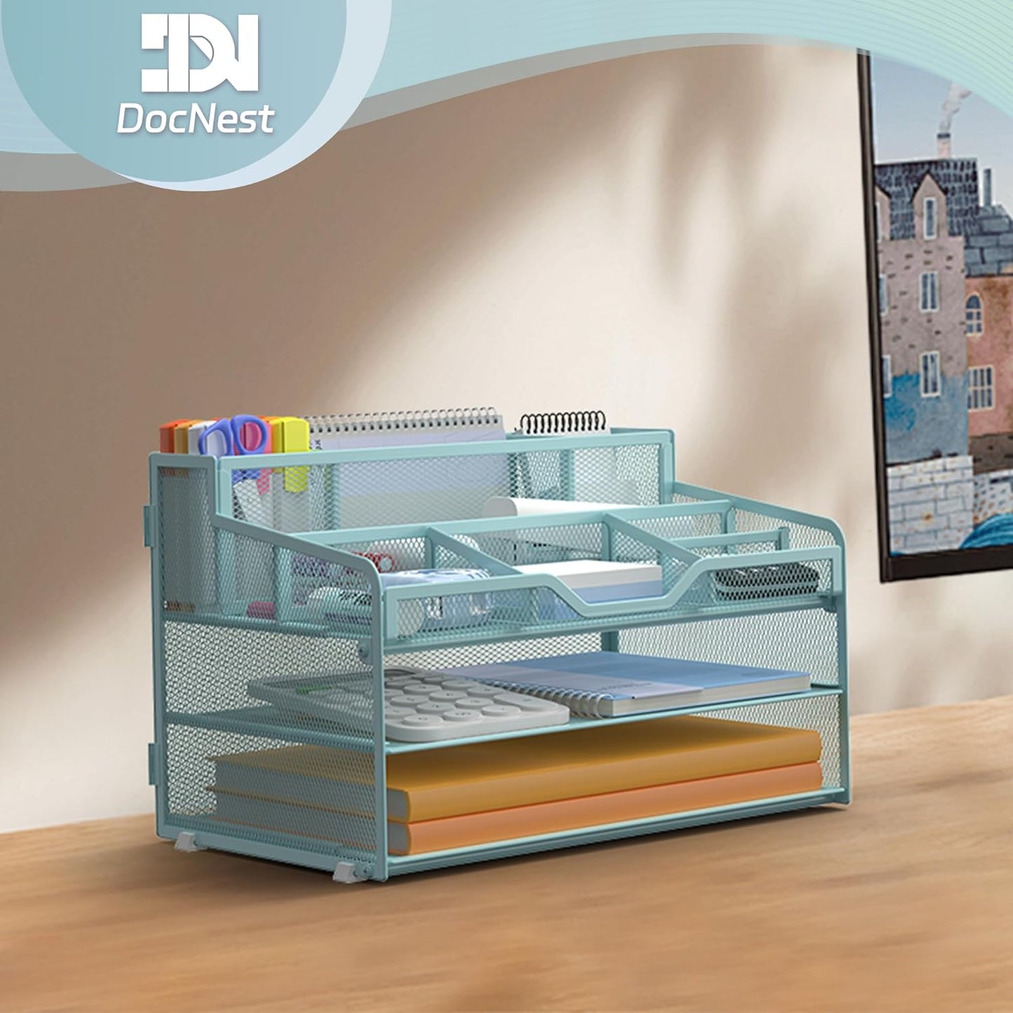 Docnest 3 Tier Mesh Desk Organizer for Paper Office Supplies – Multi-Functional Letter Tray with 5 Adjustable Compartments, 3 Pen Holders, Desktop Storage for Files, Mail, Stationery – Blue
