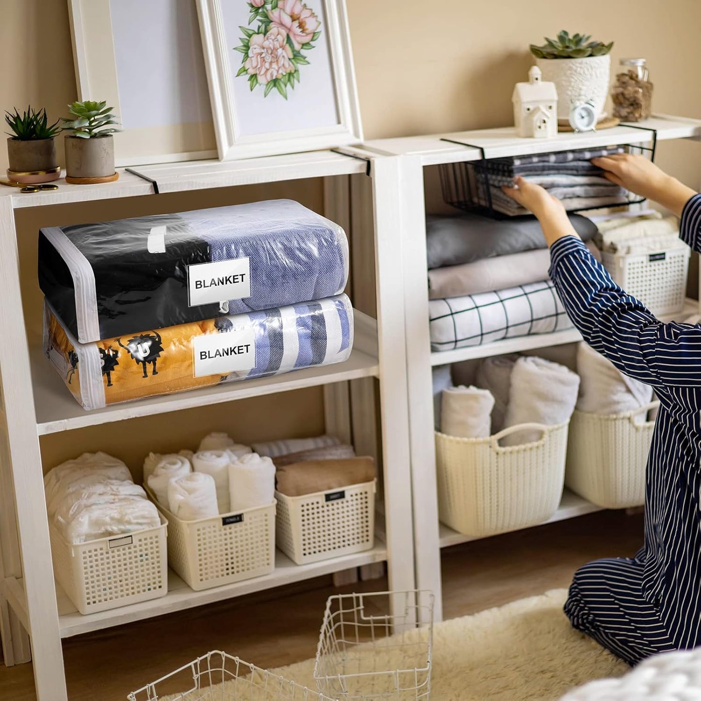 Kenning Set of 20 Clear Vinyl Zippered Storage Bags for Sheet Organizer Plastic Sweater Bags with Handle Pocket for Bed Blanket Throw Pillow Toys(White,12 x 10 x 4 Inch)