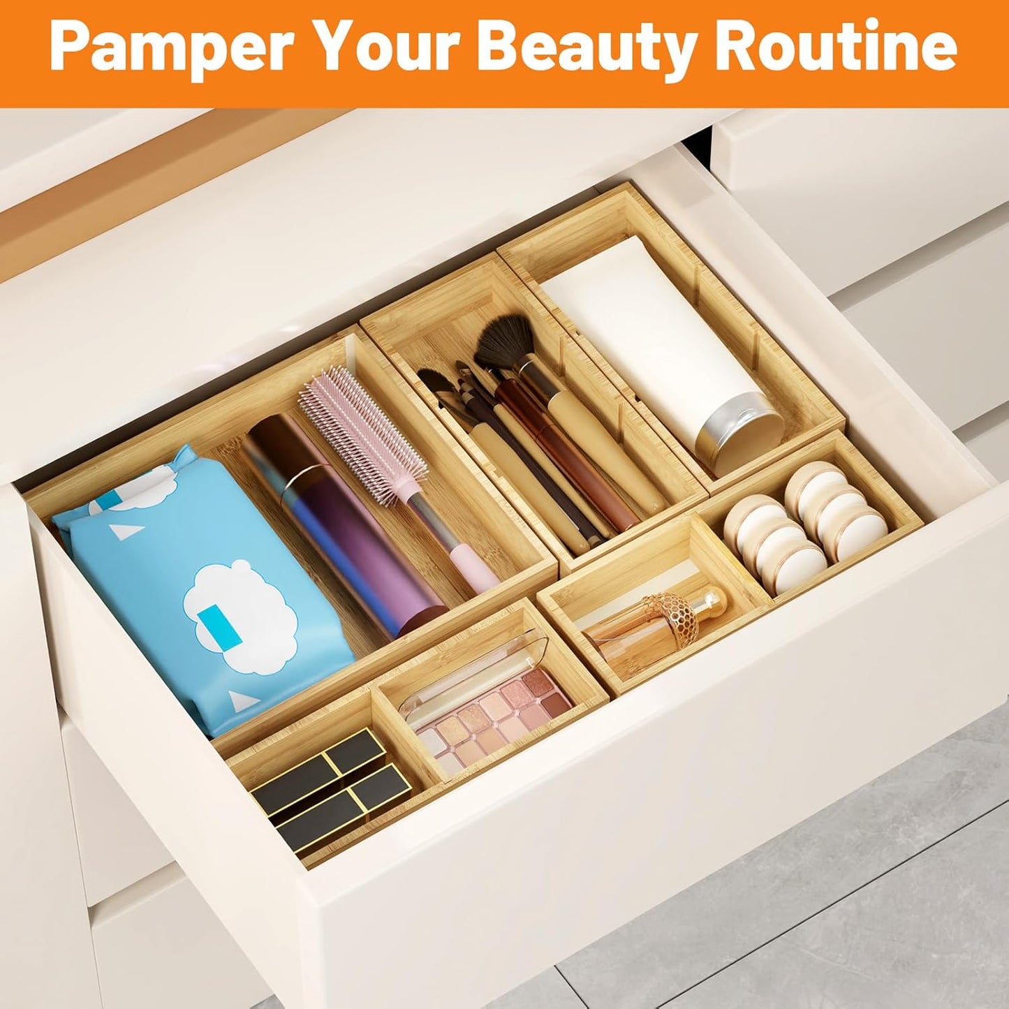 SpaceWhisper Bamboo Drawer Organizer, 10-Piece Drawer Divider with Removable Dividers for Organization and Storage, Multi-Use Stackable Storage Box & Utensil Holder for Kitchen, Office, Makeup & More