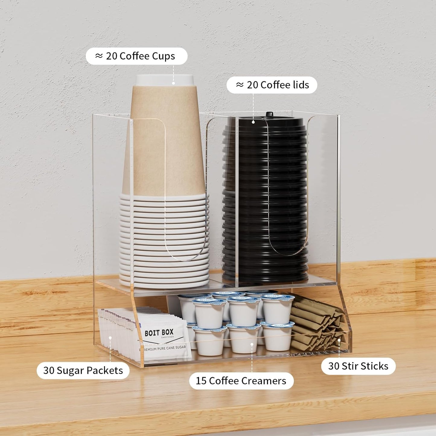 AITEE Acrylic Coffee Station Organizer for Countertop, Holds 20 Cups, All-in-One Coffee Cup and Lid Holder with Condiment Storage for Office Breakroom and Home Kitchen, Clear