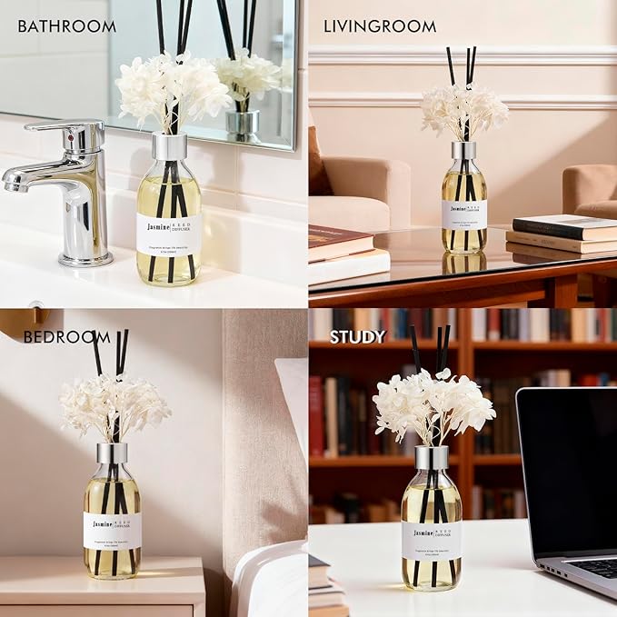 Clesh Reed Diffuser Set, 6.7 oz Jasmine Scented Diffuser with Sticks, Home Fragrance Reed Diffuser for Bathroom Shelf Decor