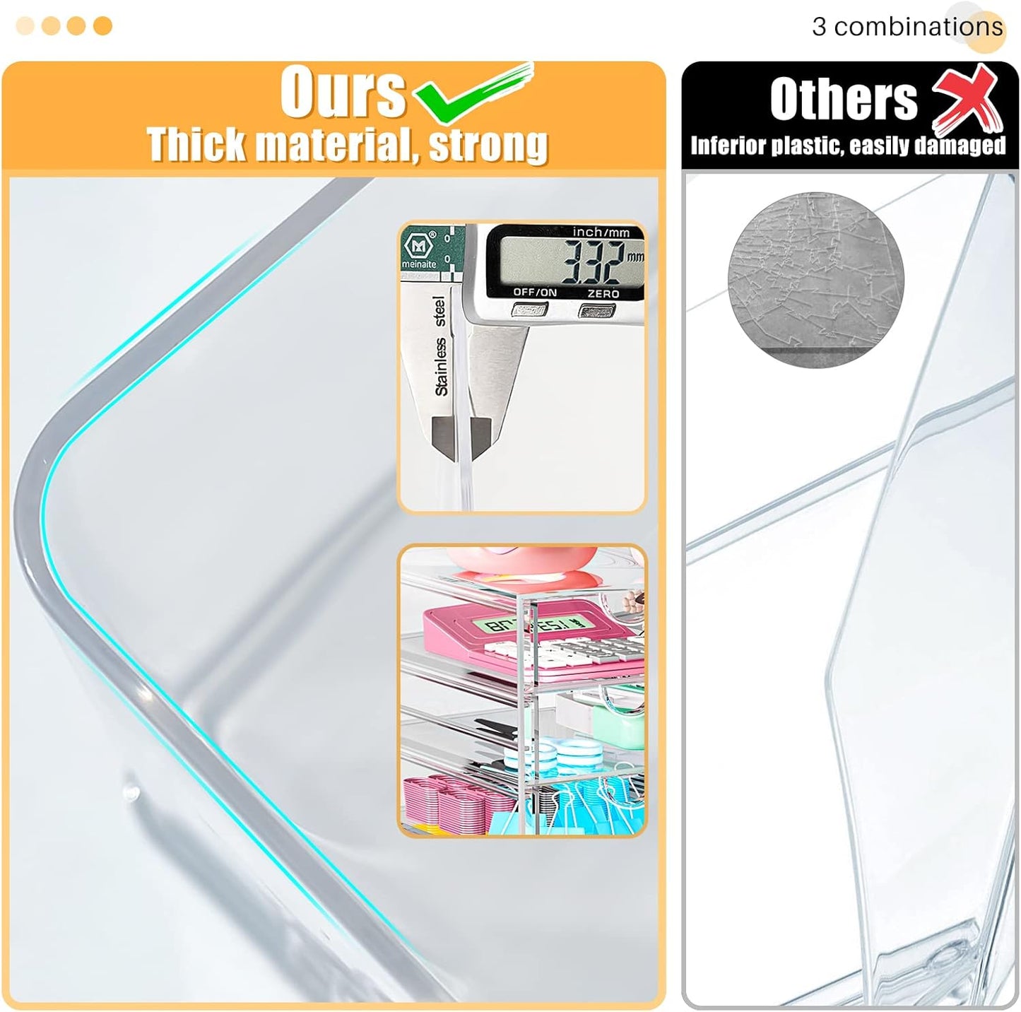 Acrylic 3 Pack Desk Organizers and Accessories, Makeup Organizer Storage With 15 Drawers, Desk Organizers, Dustproof Drawer Organizer and Storage for Make Up, Jewelry, DIY Pen