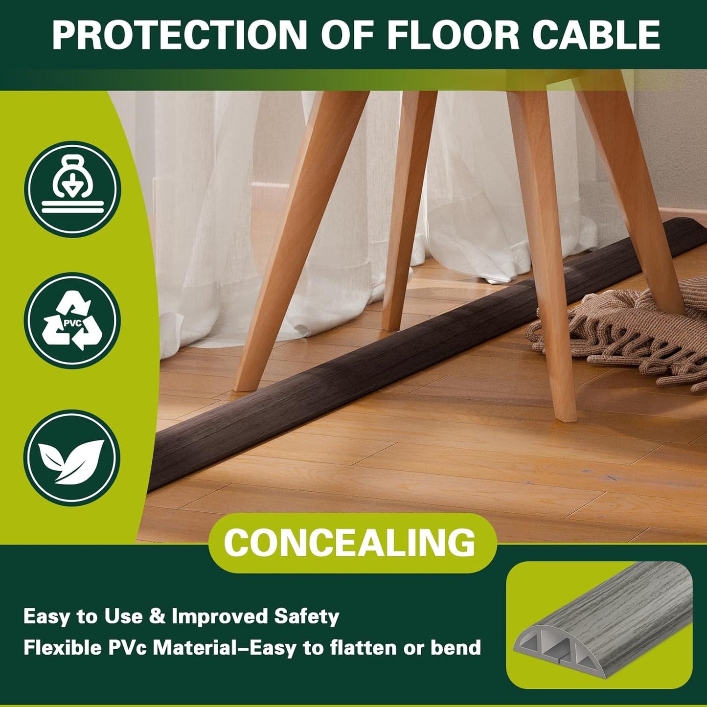 Floor Cord Cover Cable Cavity Self Adhesive Hider - Electric Cord Covers for Living Rooms, Offices - Cable Cover Protector (Black Wood, 1.18" x 10')