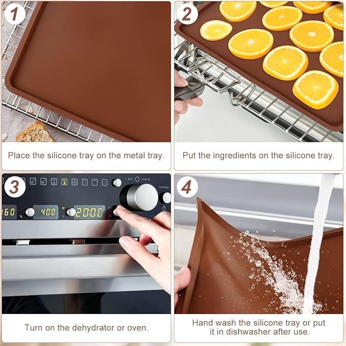 SFV 6 Pack Silicone Dehydrator Trays, 14" x 14" Flexible & Durable Dehydrator Sheets for Excalibur, Non-Stick, Reusable Dehydrators Mats Tray Dryer for Eggs, Fruit Leather, Meat, Herbs, Brown