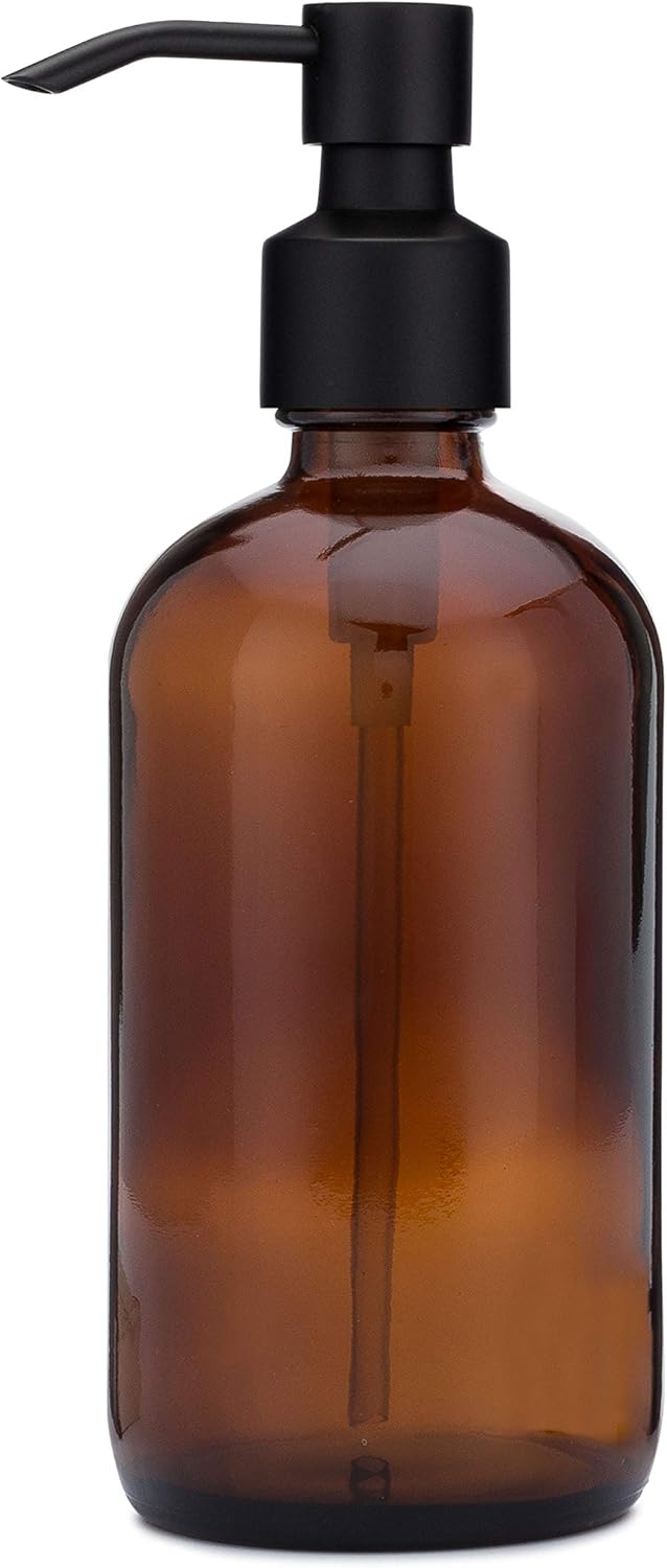 Rail19 Market Amber Glass Soap Dispenser with Metal Pump - Liquid Hand Soap & Lotion for Kitchen and Bathroom, 16oz (Cali Black)