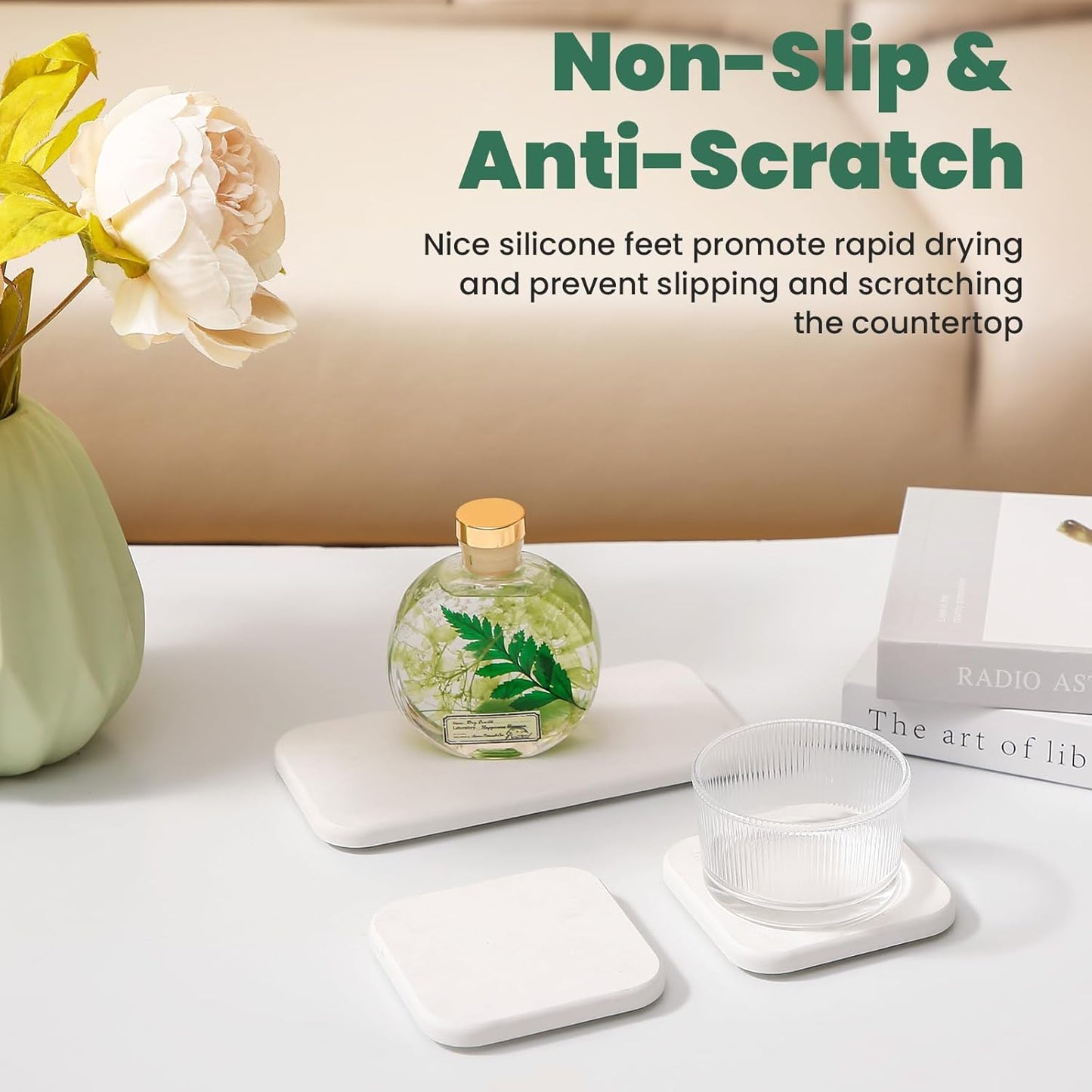 3PCS Water Absorbing Diatomaceous Earth Tray for Sink, Fast Drying Soap & Toothbrush Holders for Bathroom Counter, 1 Stone Tray, 2 Stone Coasters