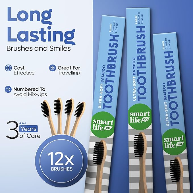 SmartLifeco Charcoal Bamboo Toothbrushes - Extra Soft Natural Bristles for Adults & Kids Teeth | Zero Waste Bulk Wooden Tooth Brush Travel Kit | BPA Free, Eco-Friendly, Vegan - (12 Pack)