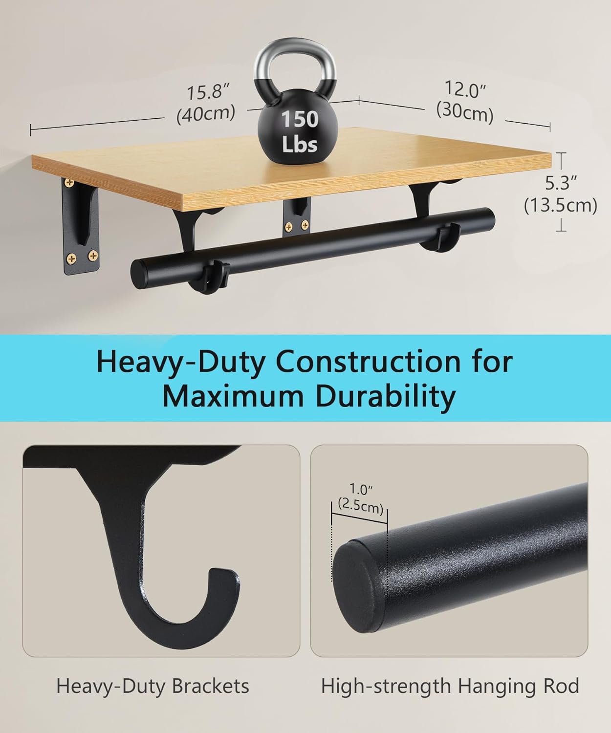 FIRJOY Wall Mounted Clothes Rack, with Top Shelf and Hanging Rod, Heavy Duty (2 PACK 11.8" x 15.7", Black)