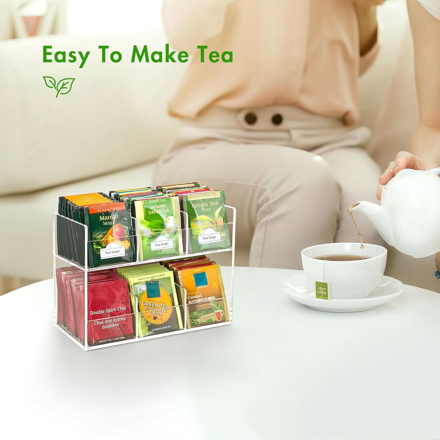 BEYGORM Acrylic Tea Bag Organizer for Tea Packets, No Assembly Required Display Holder for Countertop, Vertical Tea Bag Caddy for Cabinet, Tea bar Accessories, Teabags Storage Containers
