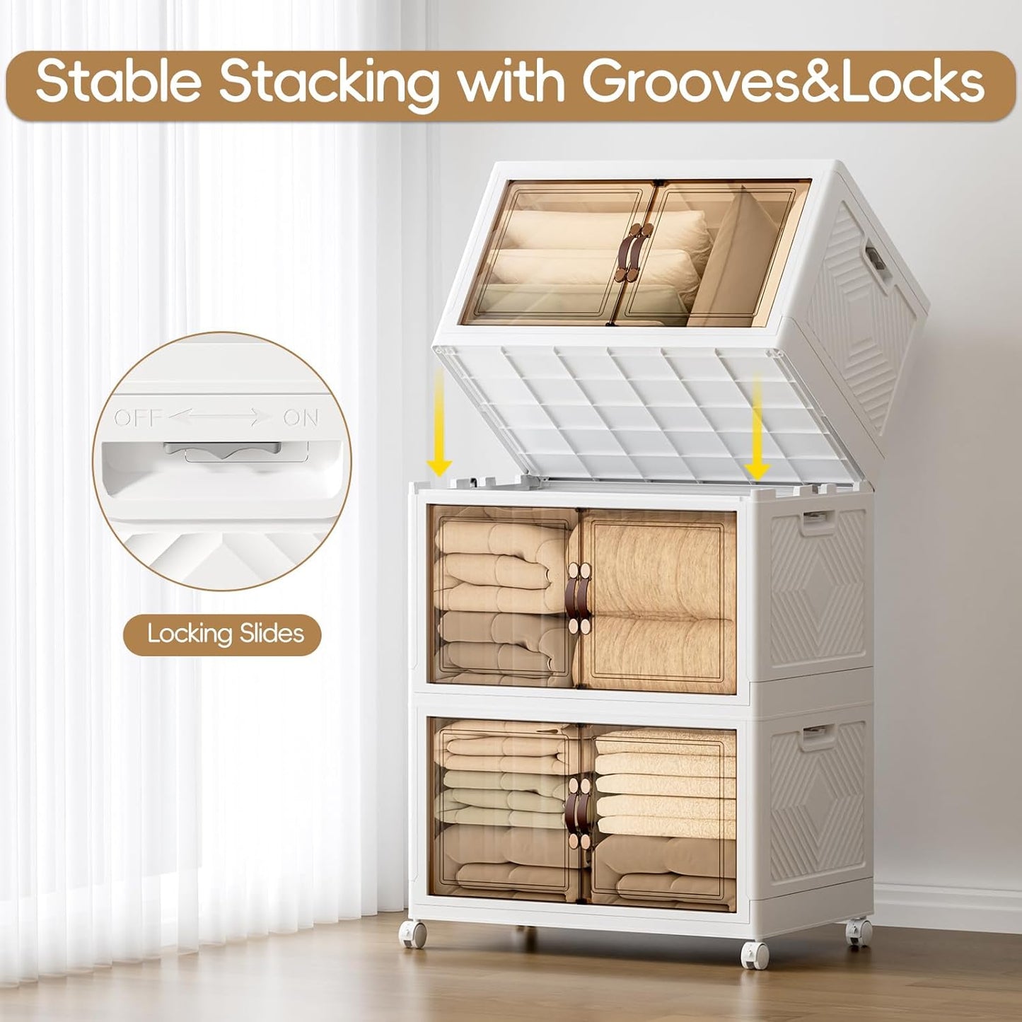 JEKO&JEKO 400Qt Stackable Storage Bins with Lids and Wheels, Foldable Collapsible Plastic Boxes for Clothes, Home, White, 3 Pack