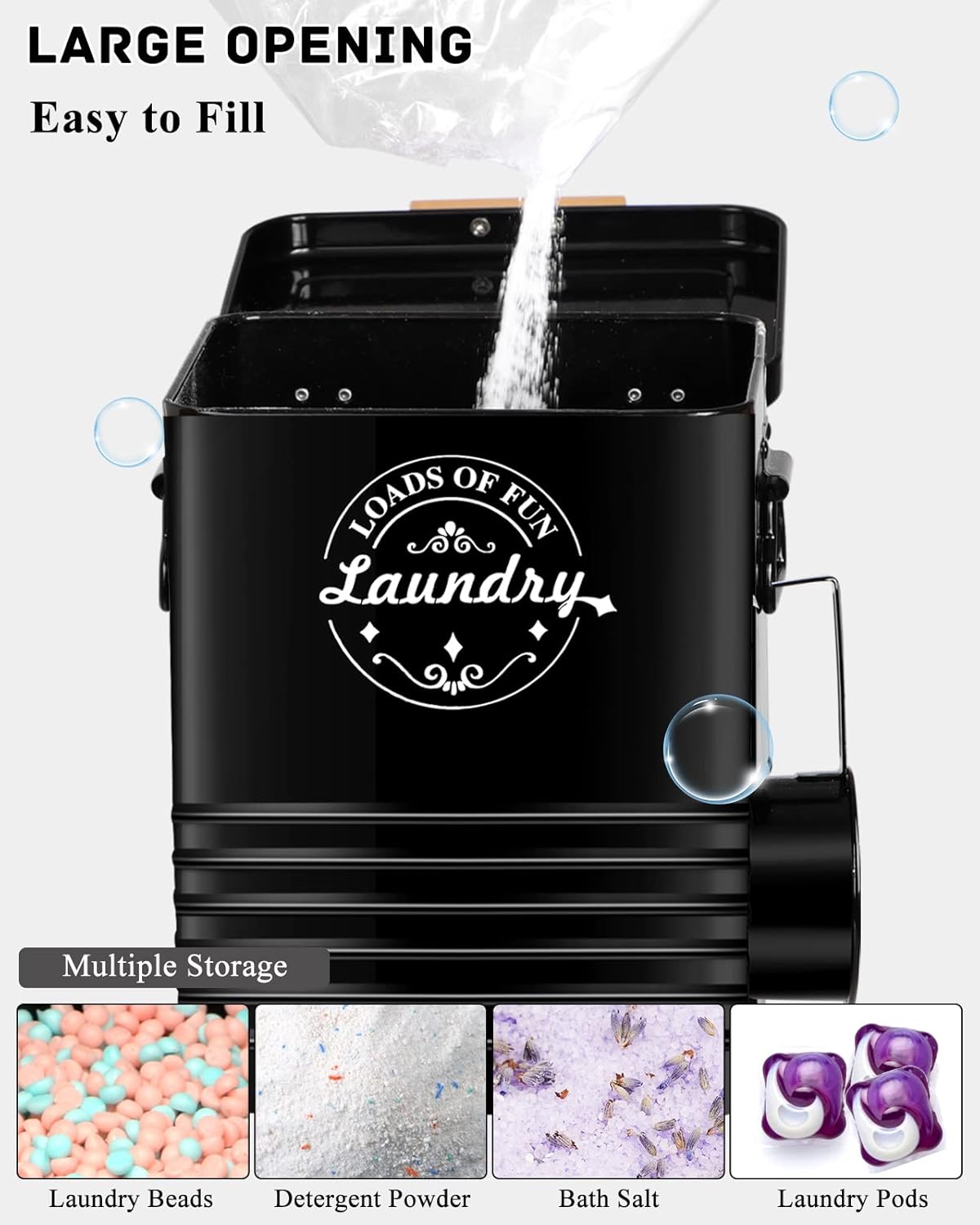 Laundry Detergent Powder Container Dispenser Holder for Laundry Room Organization. Metal Laundry Soap Dispenser with Scoop and Lid. Modern Farmhouse Laundry Room Decor and Accessories (Black)