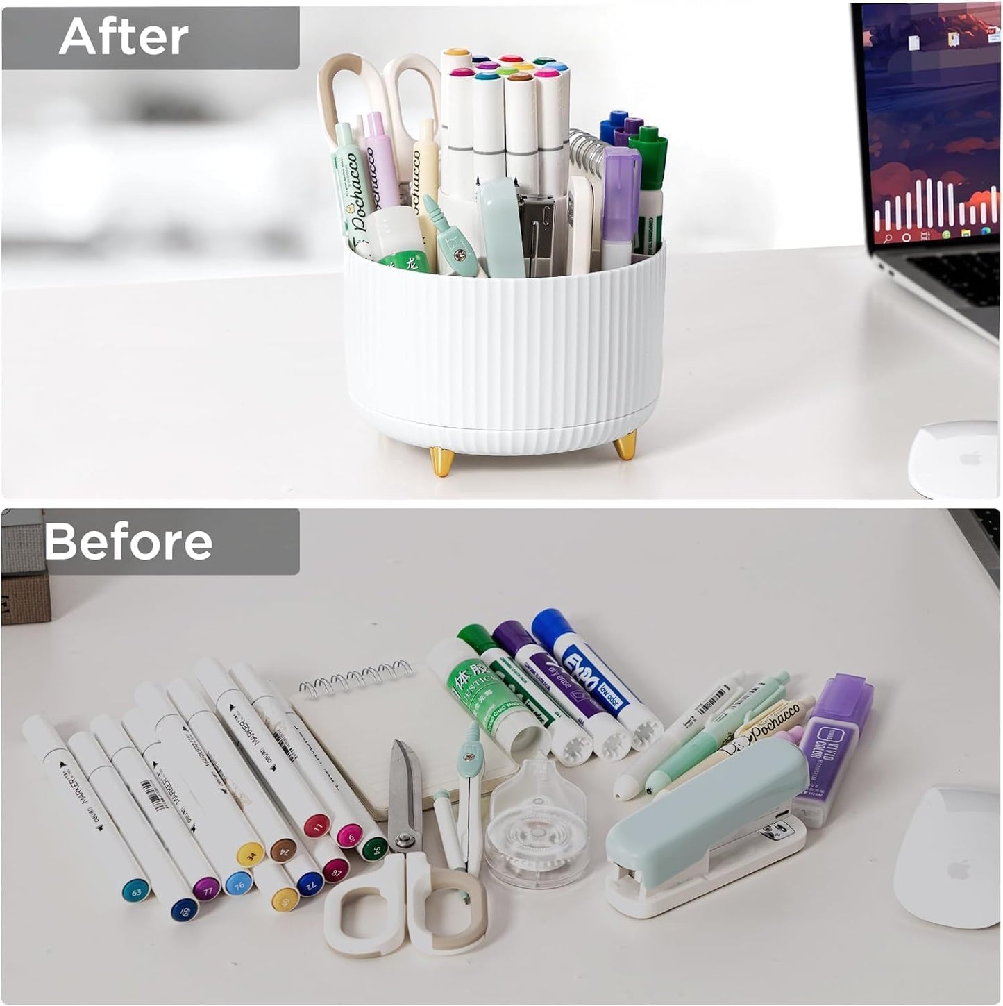 Desk Organizers and Accessories Set with 360-Degree Rotating Pen Holder, Acrylic Stapler, Tape Holder, Staple Remover, Binder/Paper Clips Kit, Scissor and 1 Box of Staples