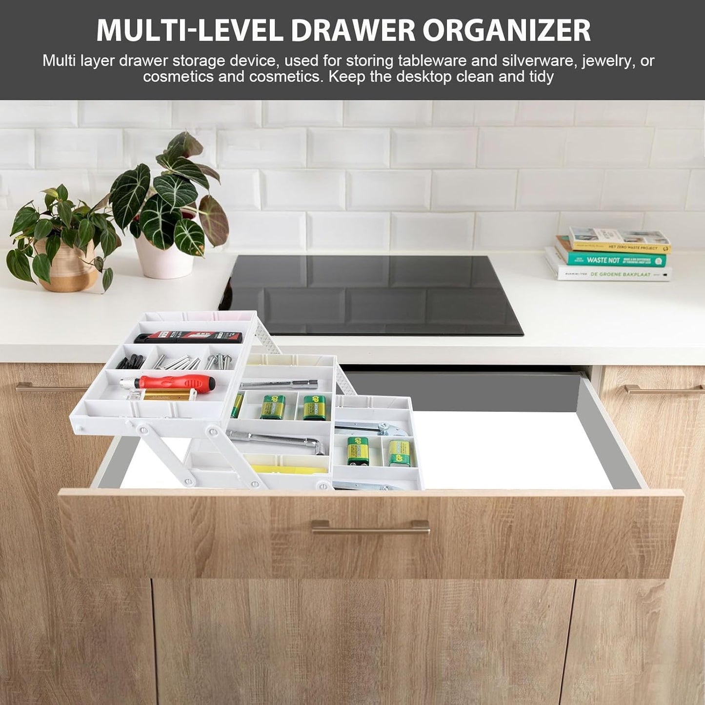 2/3 Tier Smart Collapsible Drawer Organizer,Multi Level Stacking Folding Junk Organizer, Foldable Expandable Pop up Tray, Expanding Multilevel Triple Desk Space Organizer (2 Row 2 Tier - White)