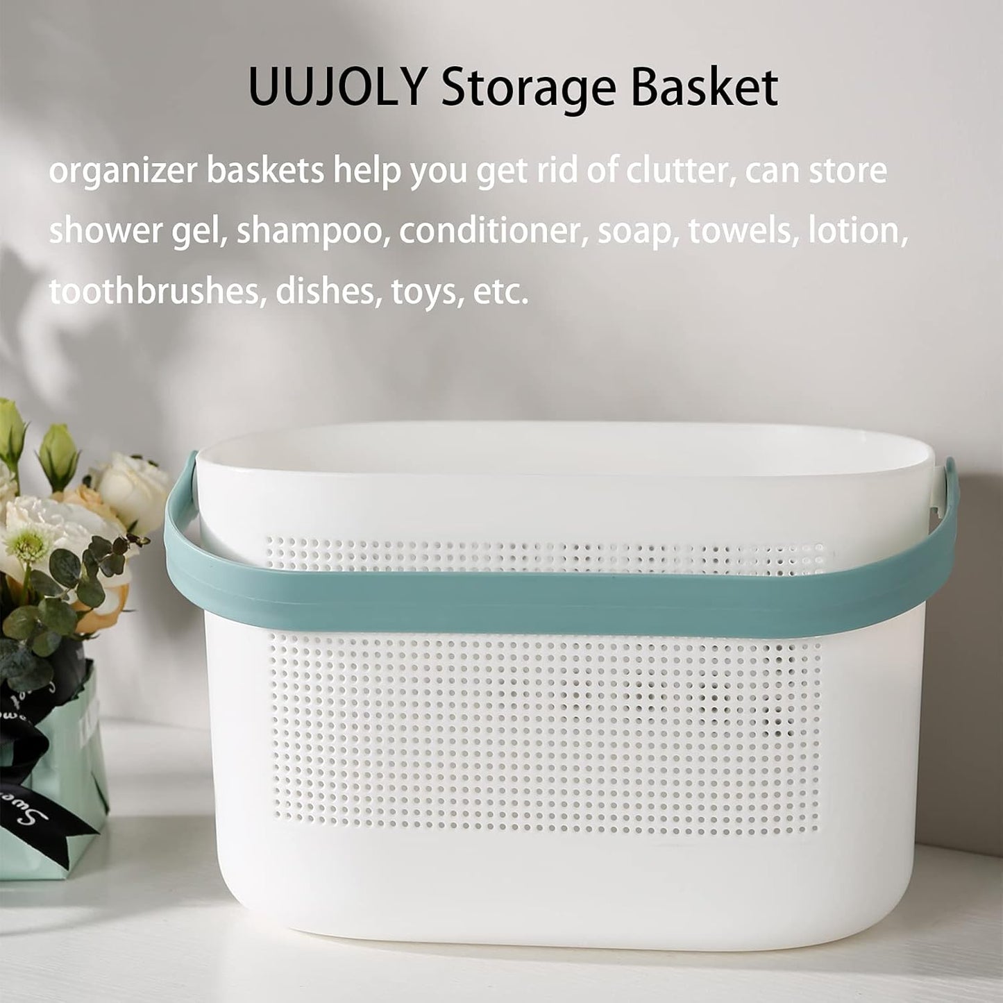 UUJOLY Plastic Storage Baskets with Handles, Shower Caddy Shelf Organizers Basket for Bathroom, Kitchen, Dorm Room, Green, 2 Pack