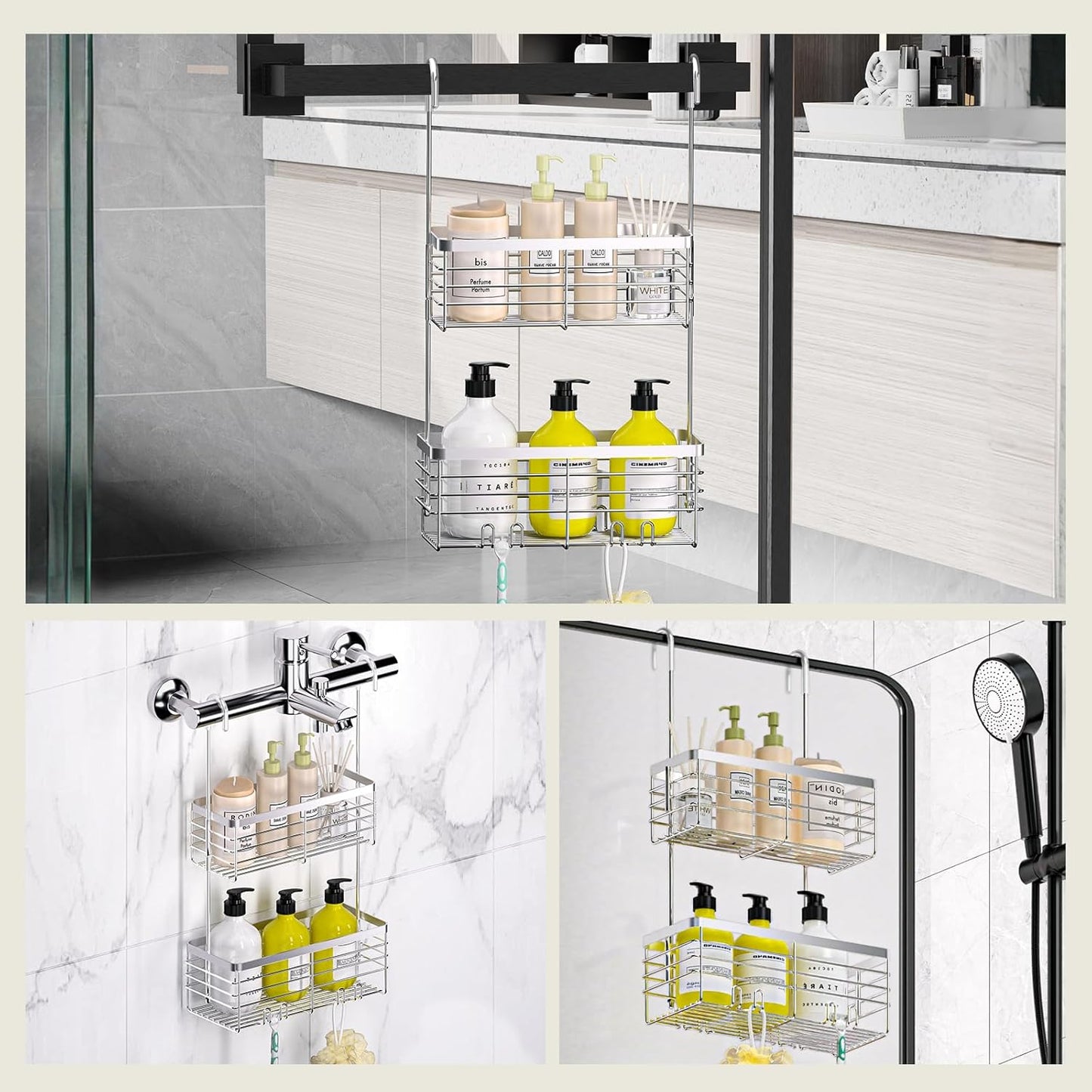 DELLAN Hanging Shower Organizer, 2-Tier Shower Rack with Hooks Over the Door, Bathroom Shower Caddy and Basket