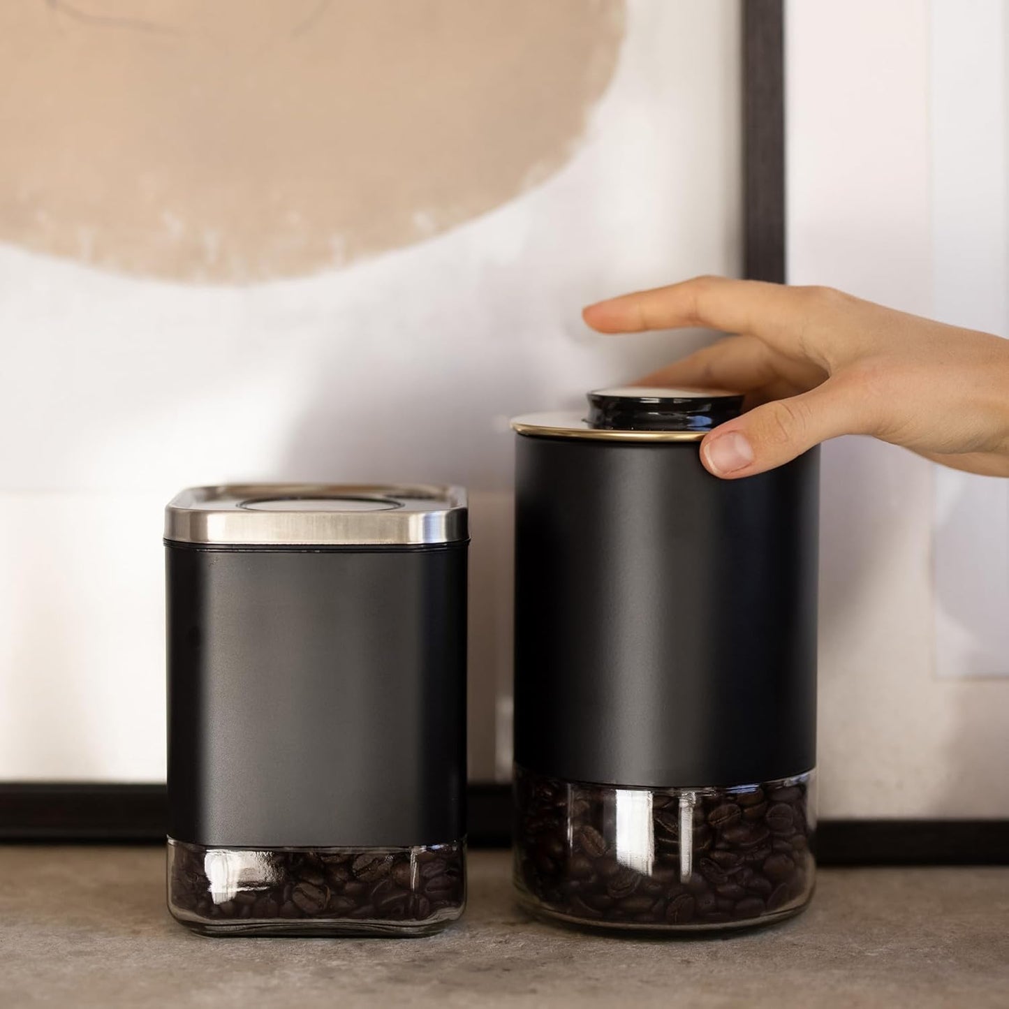 Kaffe Glass Coffee Canister (8oz) w/Airtight Lid - Click to Release Seal - BPA Free Glass & Stainless Steel - Elegant Kitchen Storage Container for Coffee, Nuts, Rice, Flour, Sugar, Tea, Cereal