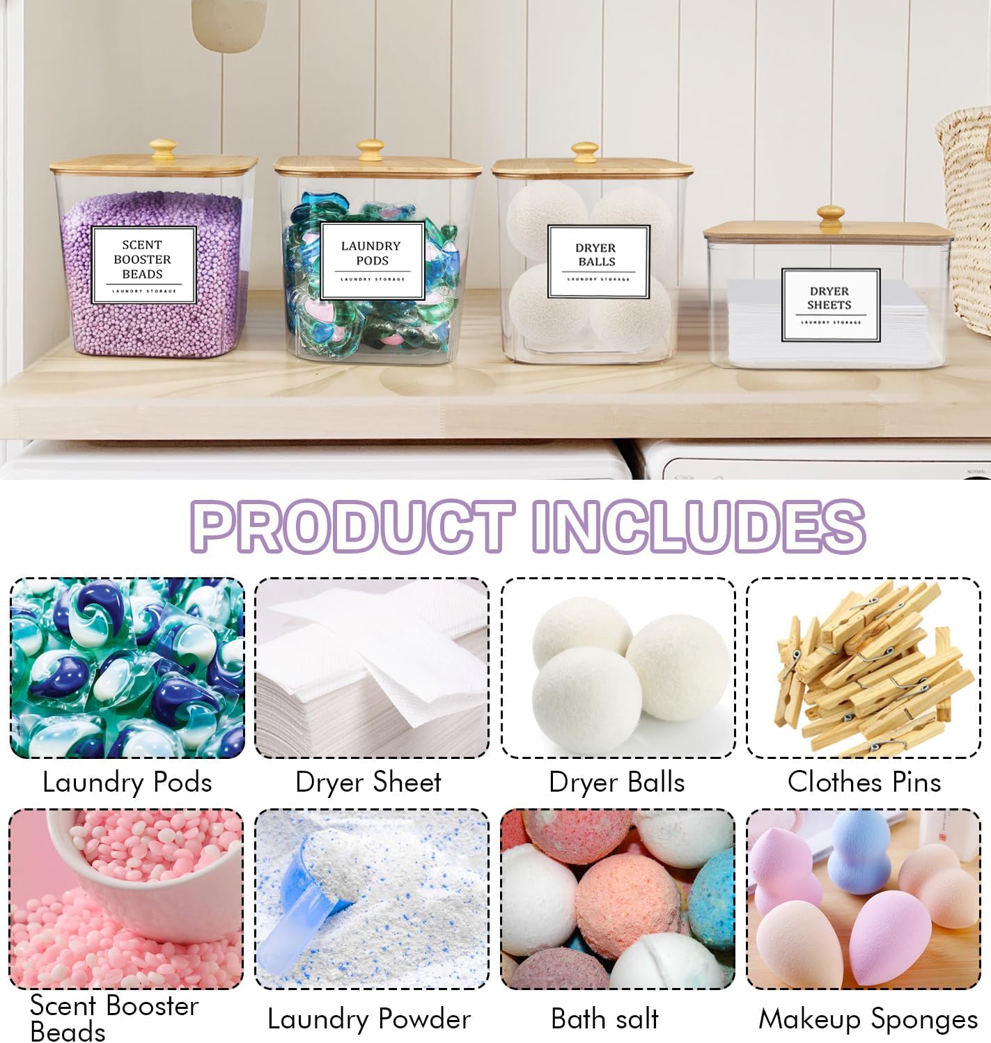 Laundry Pods Storage Container, Clear Laundry Room Organization and Storage,Detergent Powder Container,with Wooden Lids & Labels, 3+1 Pack
