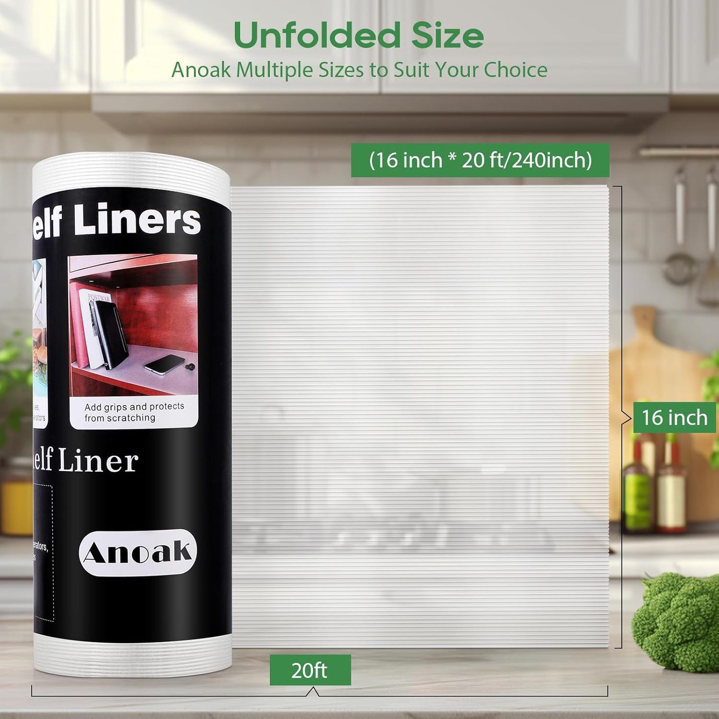 Anoak Shelf Liner Cabinet Liner, Non Adhesive Drawer Liner, Washable 16 Inch x 20 FT x 2Rolls Waterproof Durable Non-Slip Shelf Liners for Kitchen, Drawer, Refrigerator