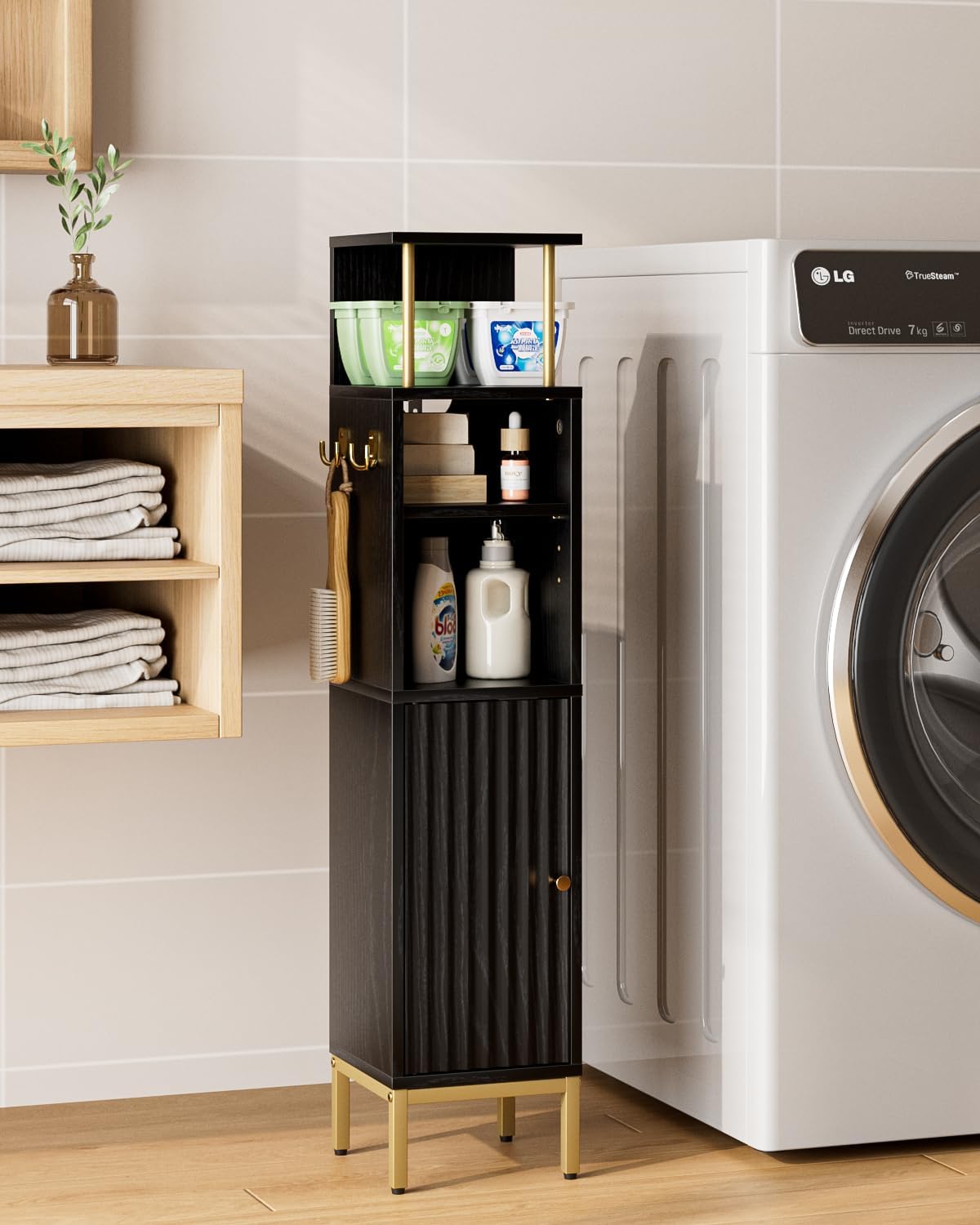 Bathroom Storage Cabinet,Small Corner Floor Cabinet with 2 Hook,Narrow Tall Toilet Paper Cabinet with Adjustable Shelves,Bathroom Organizer for Living Room,Small Spaces (Wave, Black-37''H)