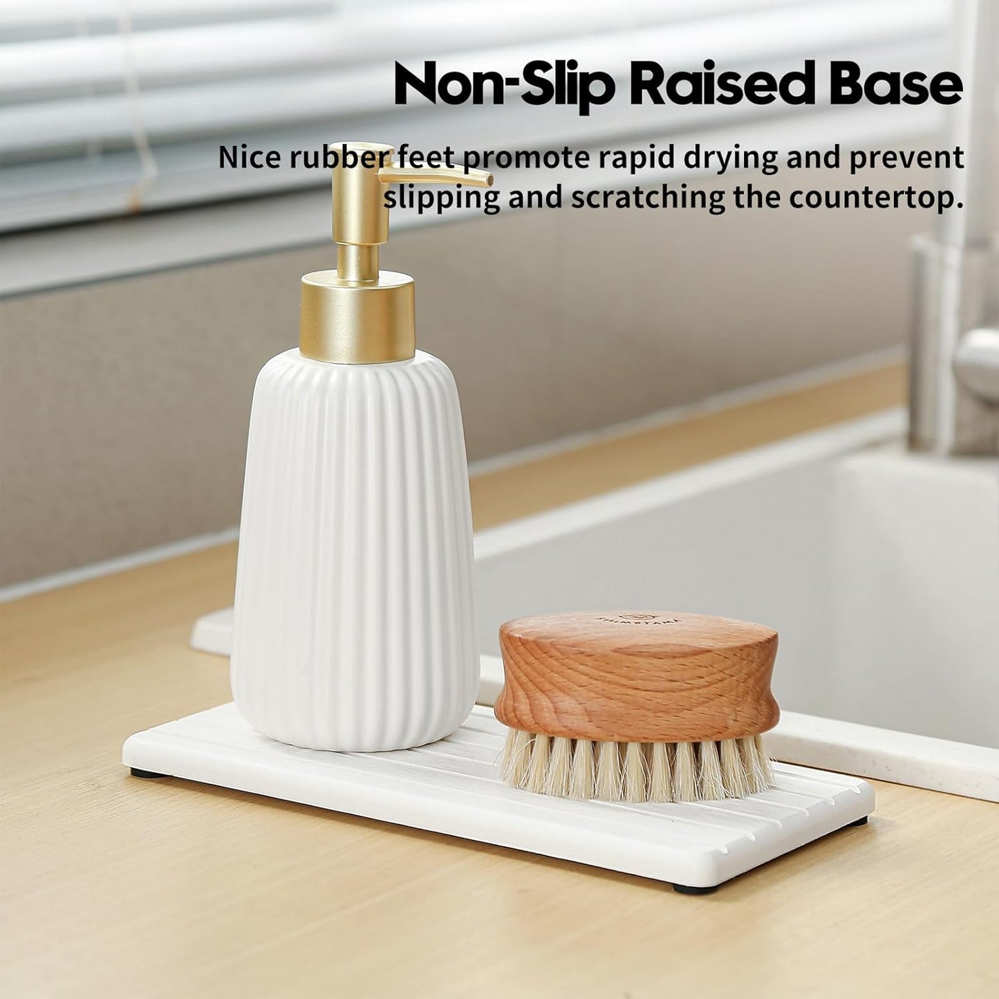 3 Pack Diatomite Stone Sink Tray, Water Absorbing Mat for Kitchen & Bathroom Counter, Quick Dry Soap Dish Makeup Vanity Caddy,Sponge Holder Organizer, White - 2pcs of 8"x 3.8" and 1pc of 3.8"x 3.8"