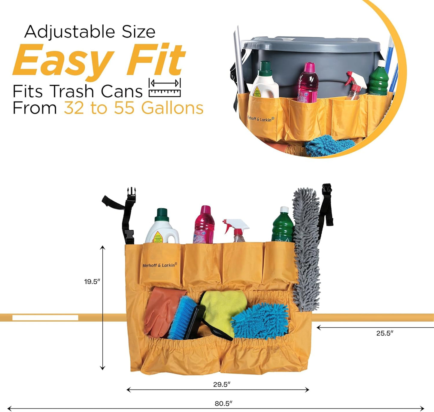 Trash Can Caddy Bag | Fits 32-55 Gallon Can | Brute & Uline Compatible | Heavy Duty Vinyl | Garbage Bin Apron | XL Commercial Size | Cleaning Caddy Organizer | Custodian & Janitorial Supplies (2 Pack)