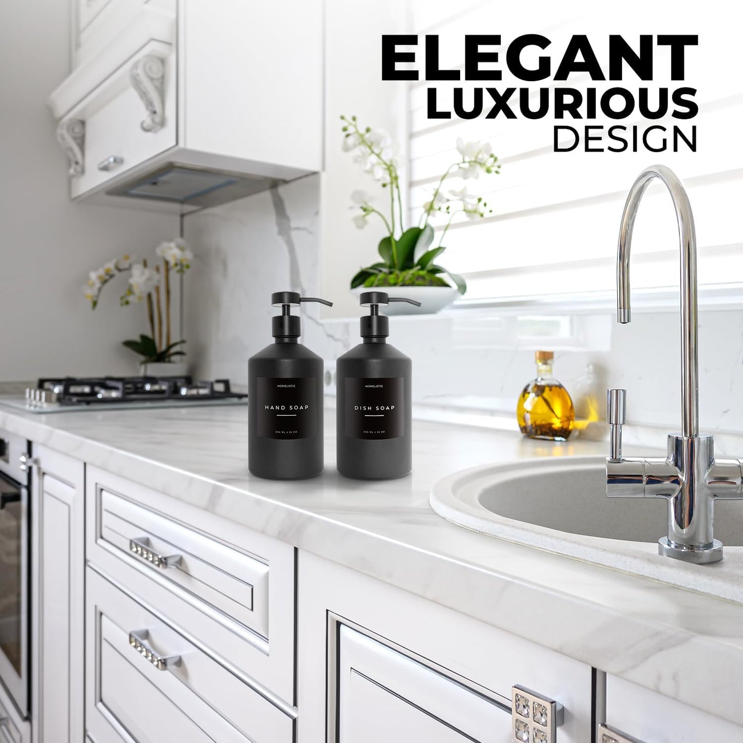 Luxury Glass Soap Dispenser Set of 2 - Elegant Glass Bottles with Matte Black Pumps, Ideal for Kitchen and Bathroom for Hand and Dish Soaps