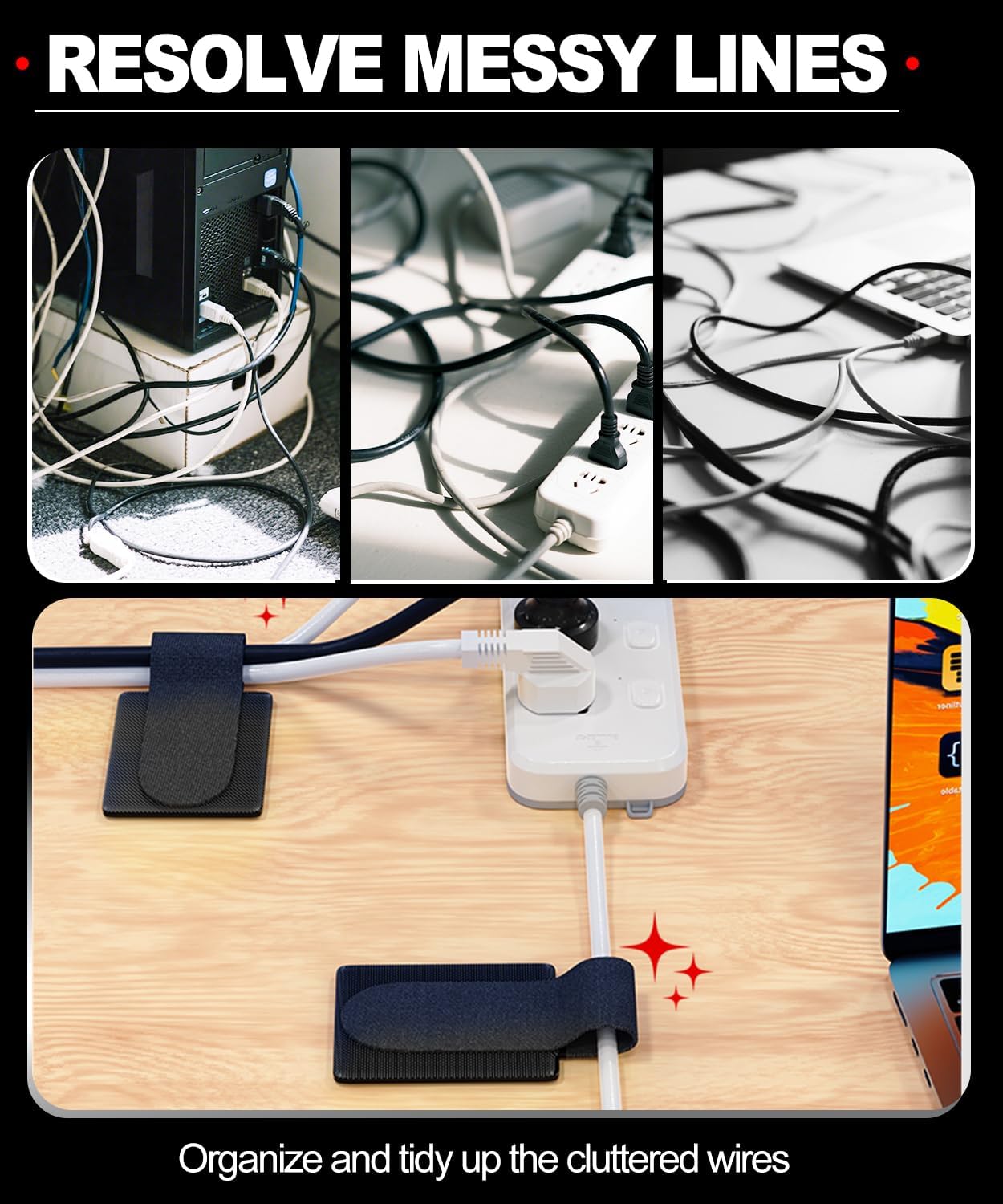 50 Pcs Self Adhesive Cable Tie Reusable Made of 3M, Multi-Purpose Heavy Duty Hook Loop Cable Management Wire Ties for Home,Office,Kitchen,School (5.9" & 3.54", Black & White)