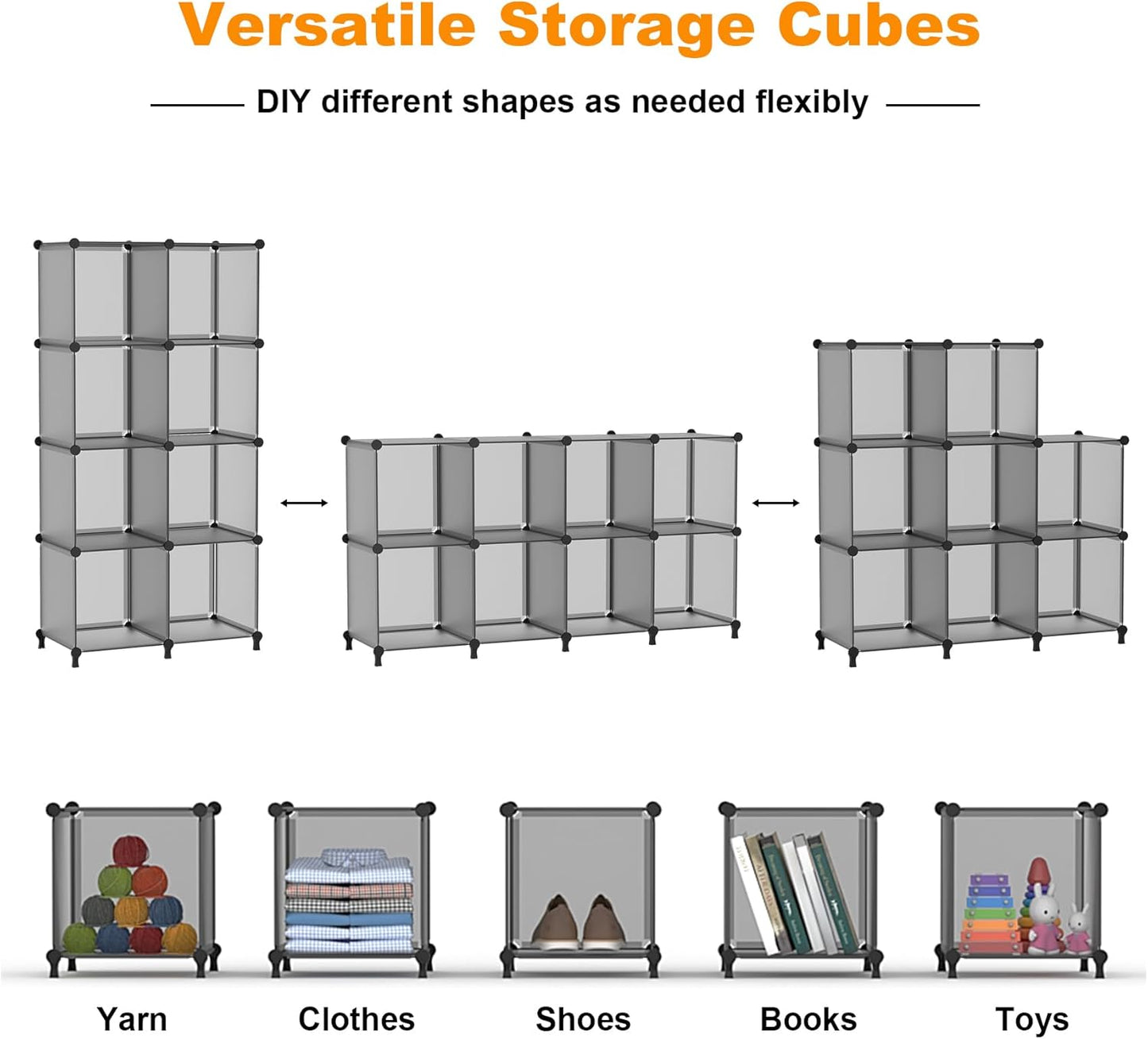 AWTATOS 8 Cube Storage Organizer, Closet Organizer Storage Shelf, Bookcase Bookshelf, DIY Stackable Storage Cubes Shelves for Closet, Bedroom, Home, Office, Grey