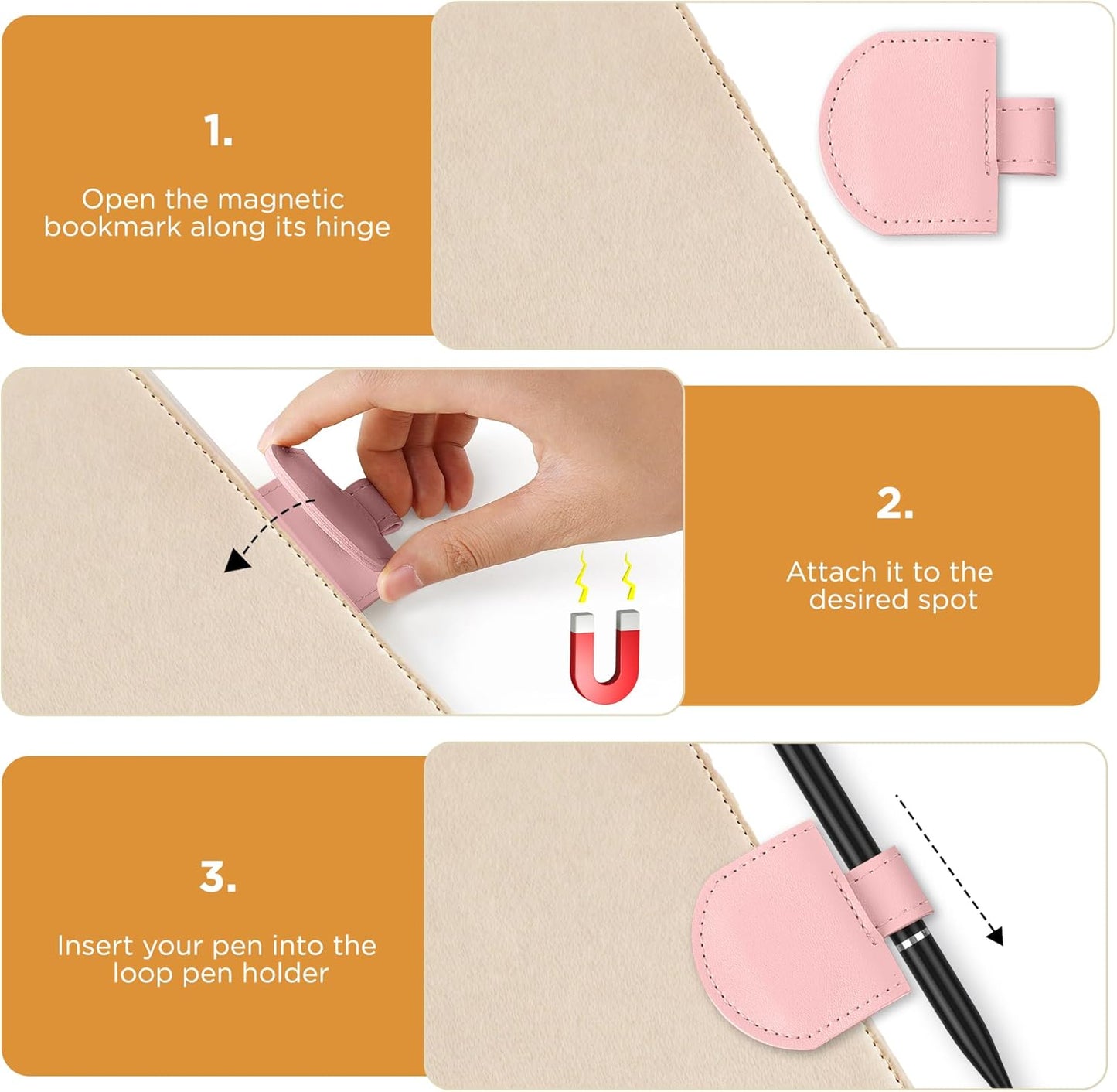 Magnetic Pen Loop Holder, Pencil Holder for Notebooks, Journals, Calendars, PU Leather 3 Pack