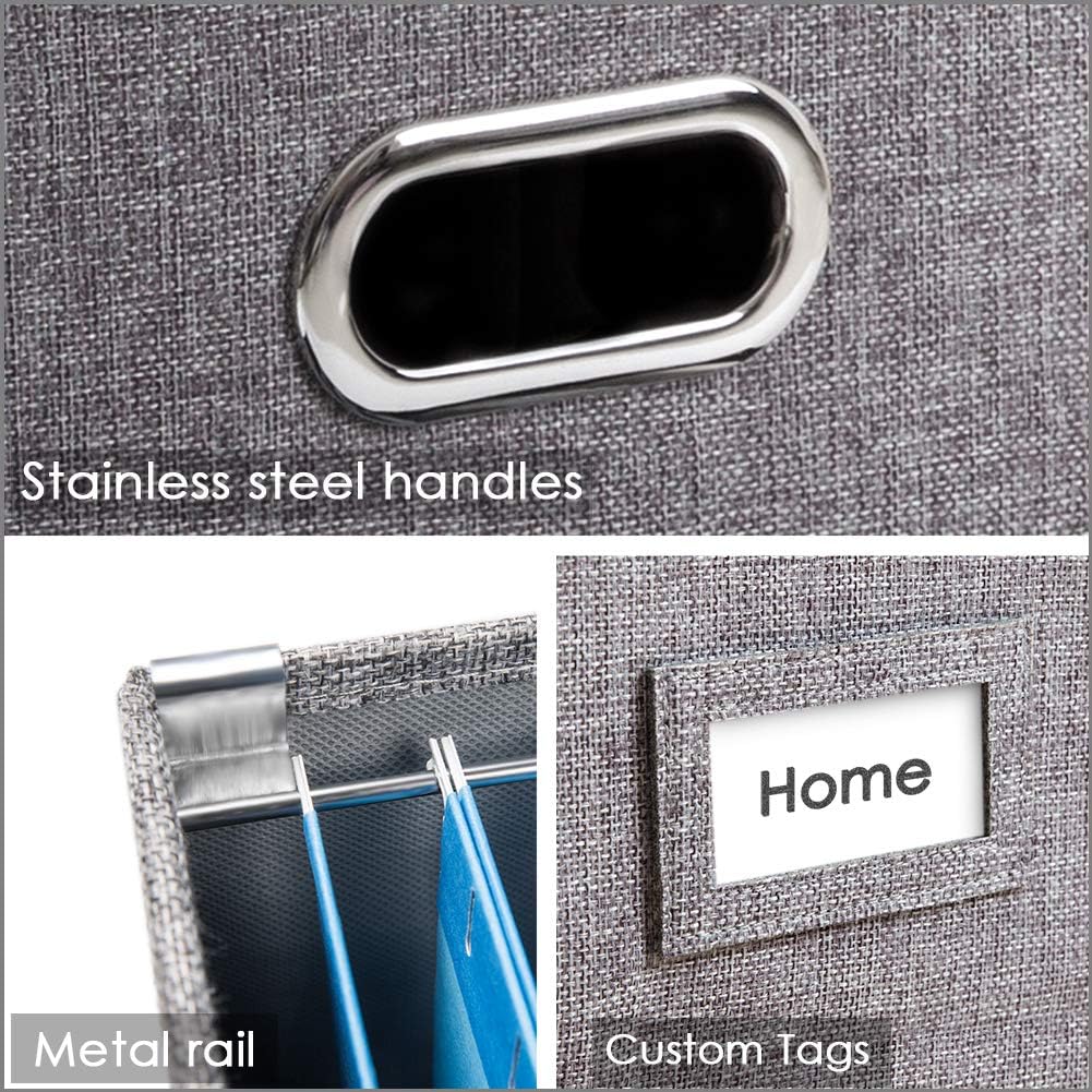PRANDOM File Organizer Box - Set of 1 Collapsible Decorative Linen Filing Storage Hanging File Folders with Lids Office Cabinet Letter/Legal Size Grey (17x14x11.2 inch)