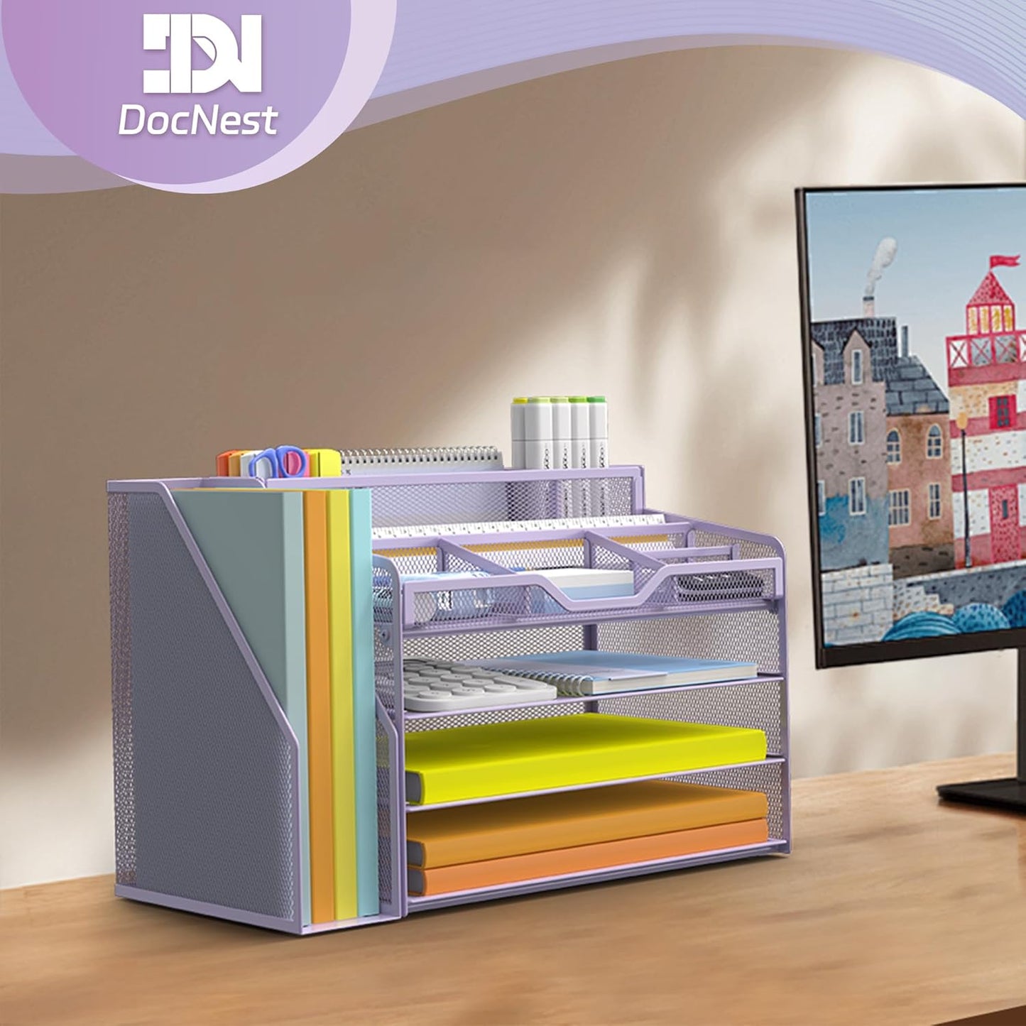 Docnest 4 Tier Mesh Desk Organizer with File Holder – Multi-Functional Paper Letter Tray with 5 Adjustable Compartments, 3 Pen Holders, Desktop Storage for Files, Mail, Stationery – Purple