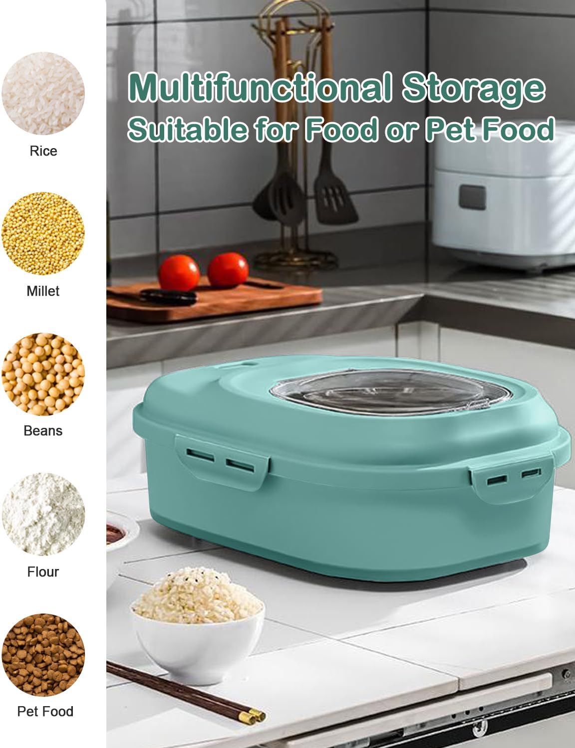 20-50 Lbs Food Storage Containers,Collapsible Rice Container with Wheel Airtight Locking Lid,Flour Storage Container with Small Food Jar and Scoop,Suitable for Food,Rice,Pet Food,Flour
