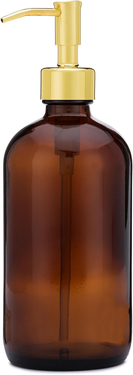 Rail19 Market Amber Glass Soap Dispenser with Metal Pump - Liquid Hand Soap & Lotion for Kitchen and Bathroom, 16oz (Gold)